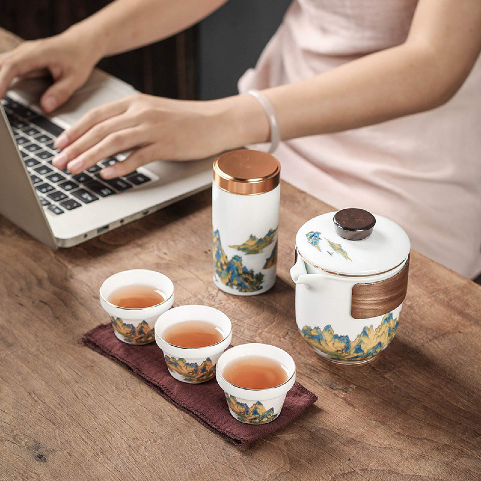 Set Da T&egrave; Portatile Con Valigia - Teiera In Porcellana, 3 Tazze, Contenitore Per T&egrave;, Kung Fu Cinese