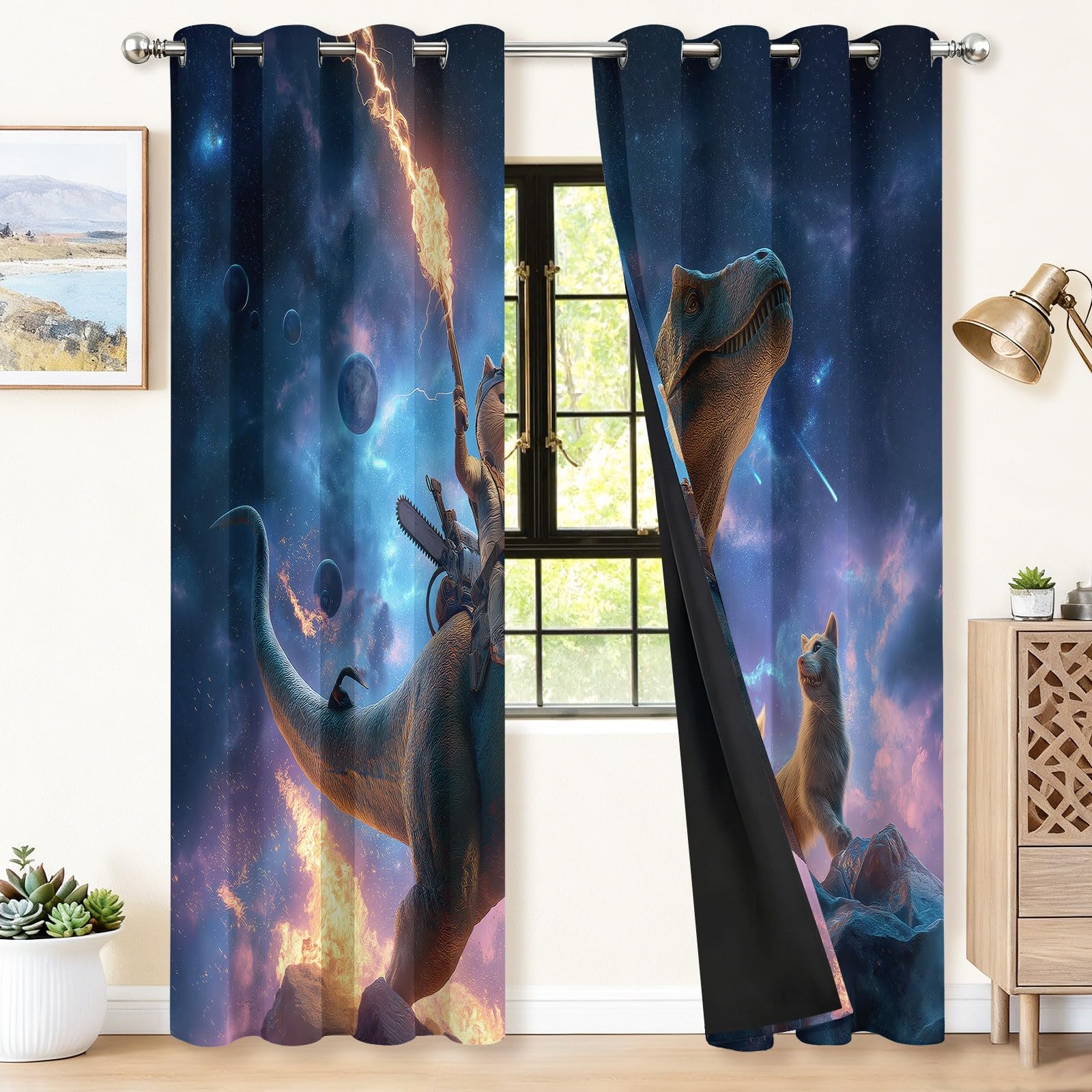 Générique Lot de 2 Rideaux Occultants Thermiques avec Oeillets, 100L X 220H cm Motif Fantastique Dinosaures Espace - Isolant Anti-Froid et Bruit pour Chambre Enfant et Salon Décoration Noir