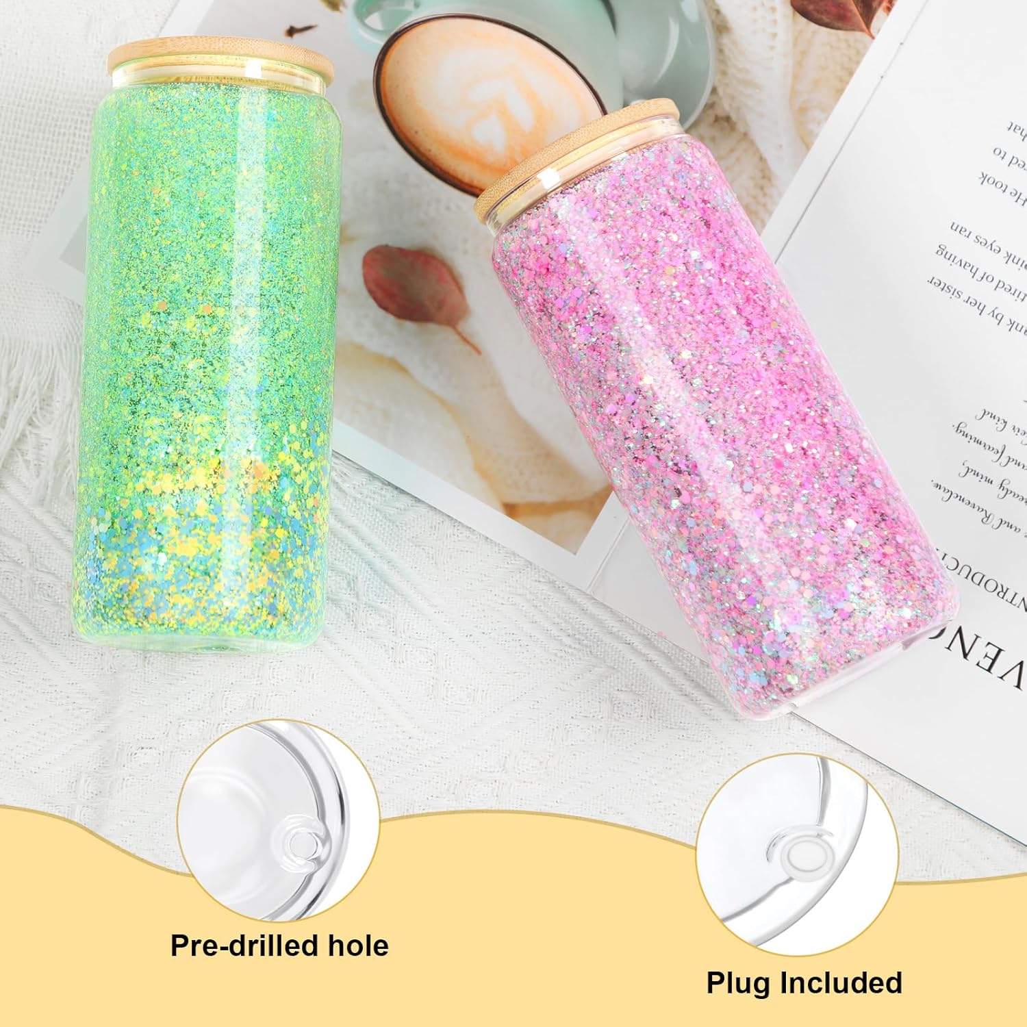 20 Oz Snow Globe Tumbler, 6 Pack Pre-Drilled Sublimation Glass Cup For Glitter Snow Globe Diy, Double Wall Sublimation Glass Tumbler