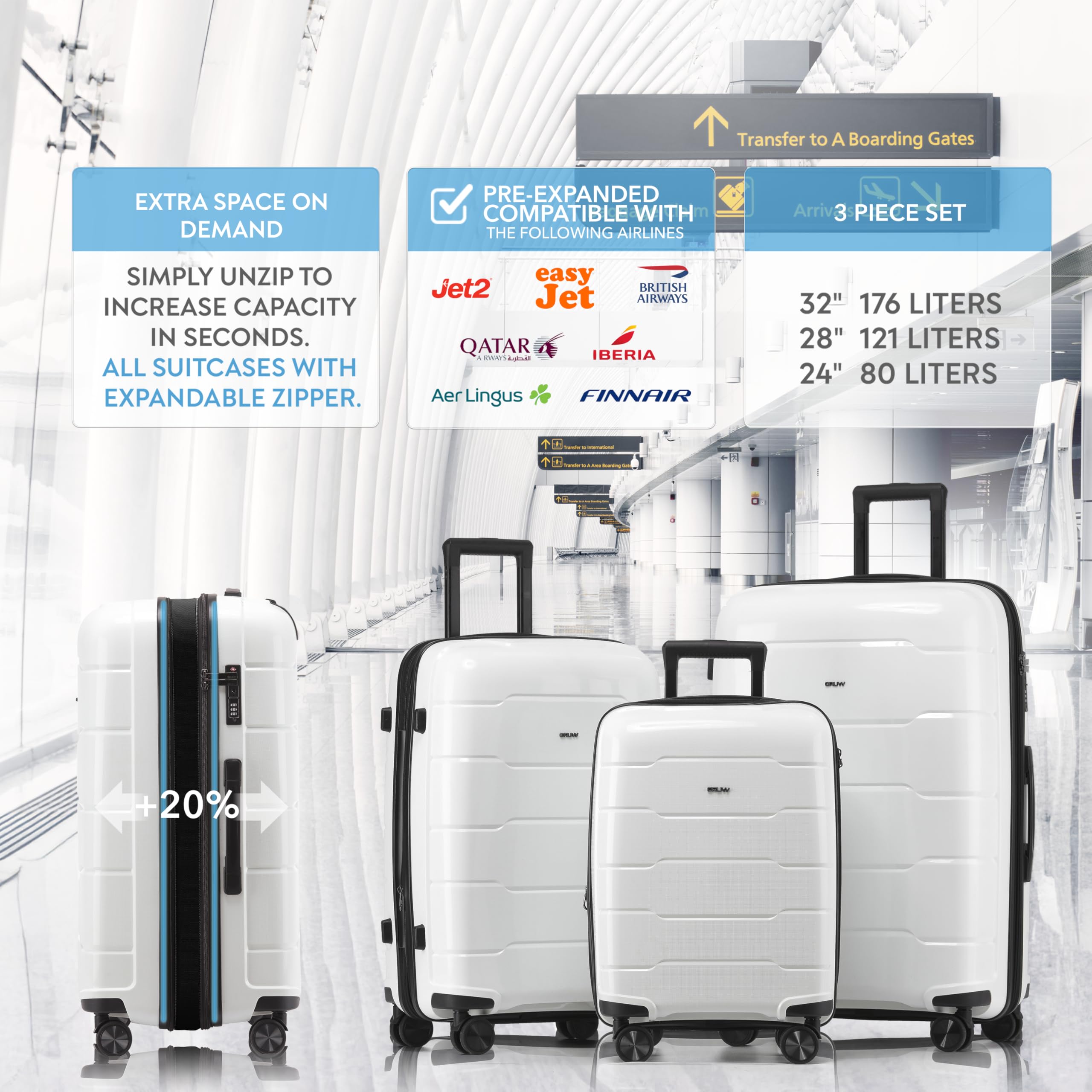 CRUW 3-Piece Luggage Set Expandable Polypropylene Suitcase Set TSA Locks 8 Silent Spinner Wheels Lightweight Nested Suitcases Travel Set easyJet British Airways Jet2 Airline-Approved Carry-On White
