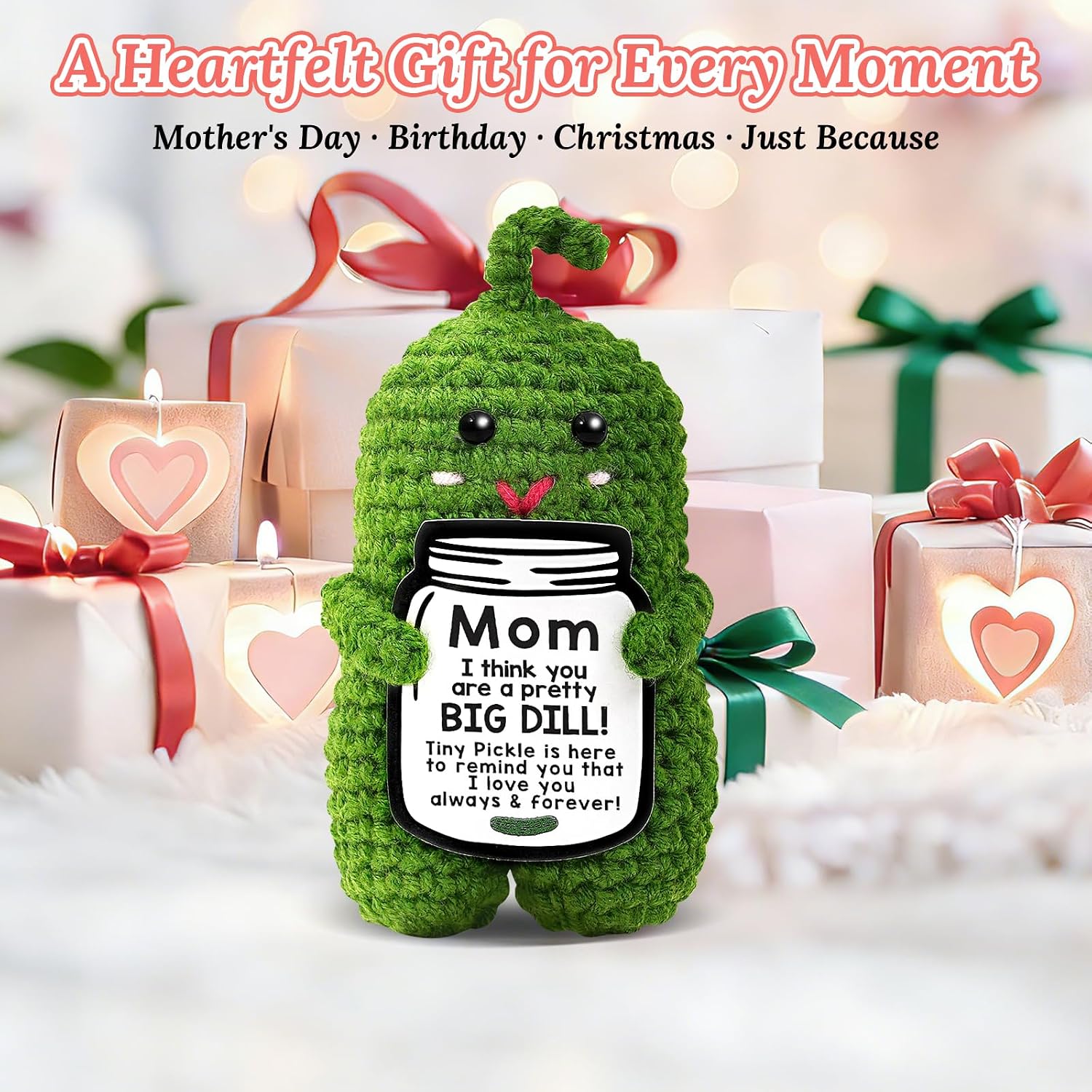 Mothers Day Birthday Gifts for Mom from Daughter Son, Handmade Crochet Pickle Gift for Mom Mama Mother in Law Bonus Step, Emotional Support Moms Gifts Idea, Mother's Day Funny Gift Pocket Hug