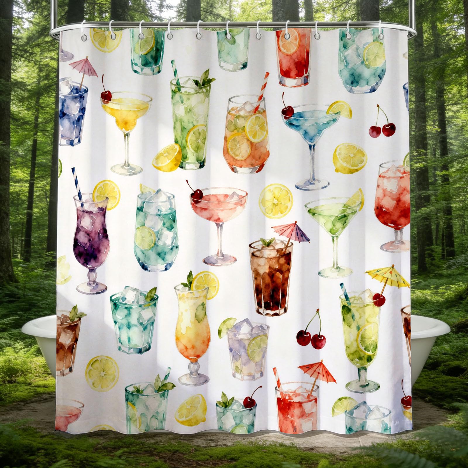 Hongduo 3D Cocktail Shower Curtain for Stalls Bathtubs Cherry Bathroom Decor Shower Curtain Set Polyester Fabric Waterproof 120x180cm/48X71 Inch with Hooks