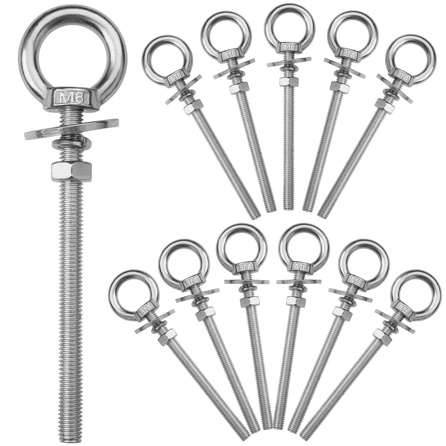 12 Pack M8 Stainless Steel Eye Bolts with Nuts, 5/16" x 4" Long Lifting Ring Eye Bolt， Eye Bolts Heavy Duty for Hang Tie Down Outdoor (12, M8x102mm (5/16"x4"))