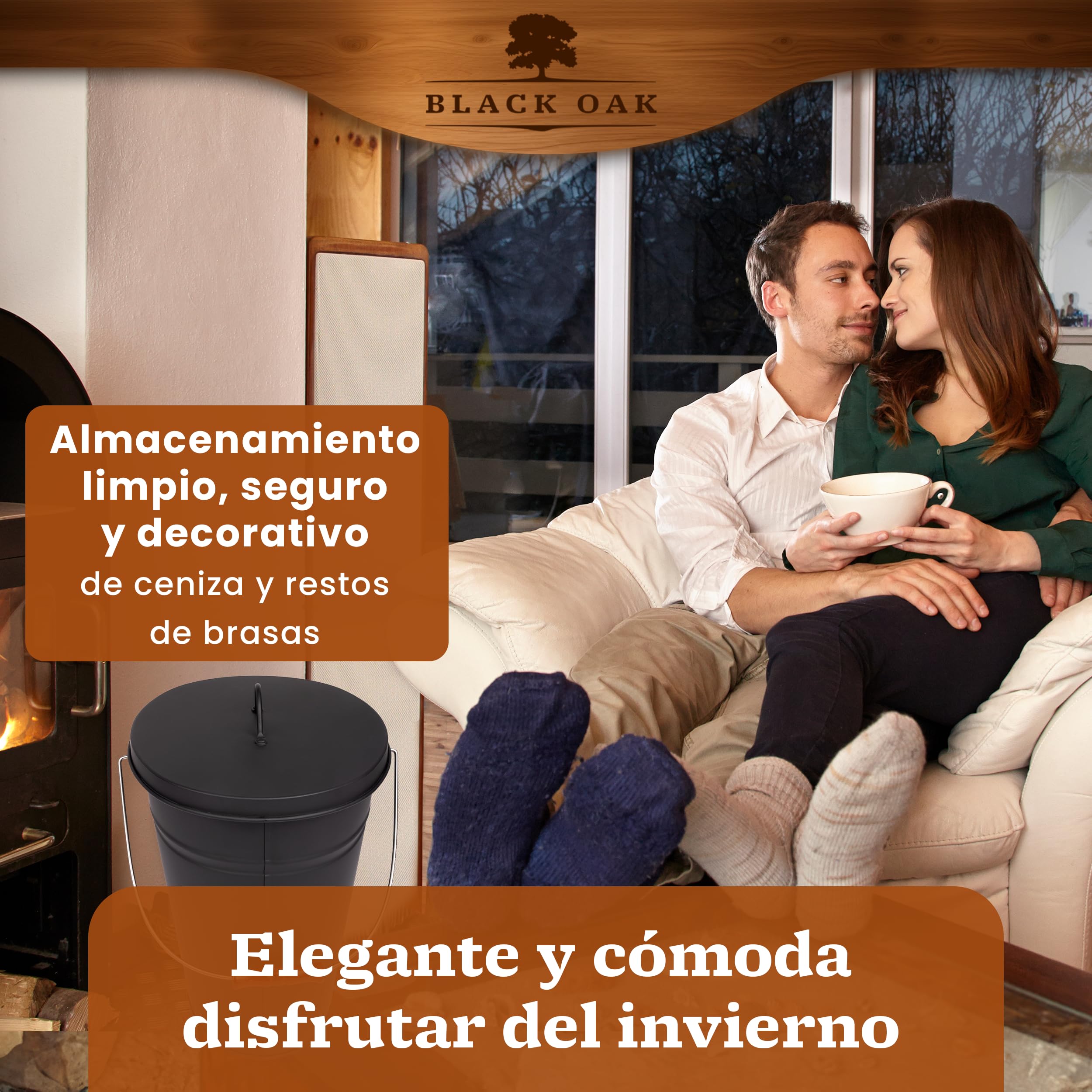 BLACK OAK Cubo de ceniza ETNA 14L – negro con tapa – grande 14 litros – Acero galvanizado y recubierto de polvo para cenizas y carbón, accesorio ideal para chimenea, estufa de azulejos, estufa de leña