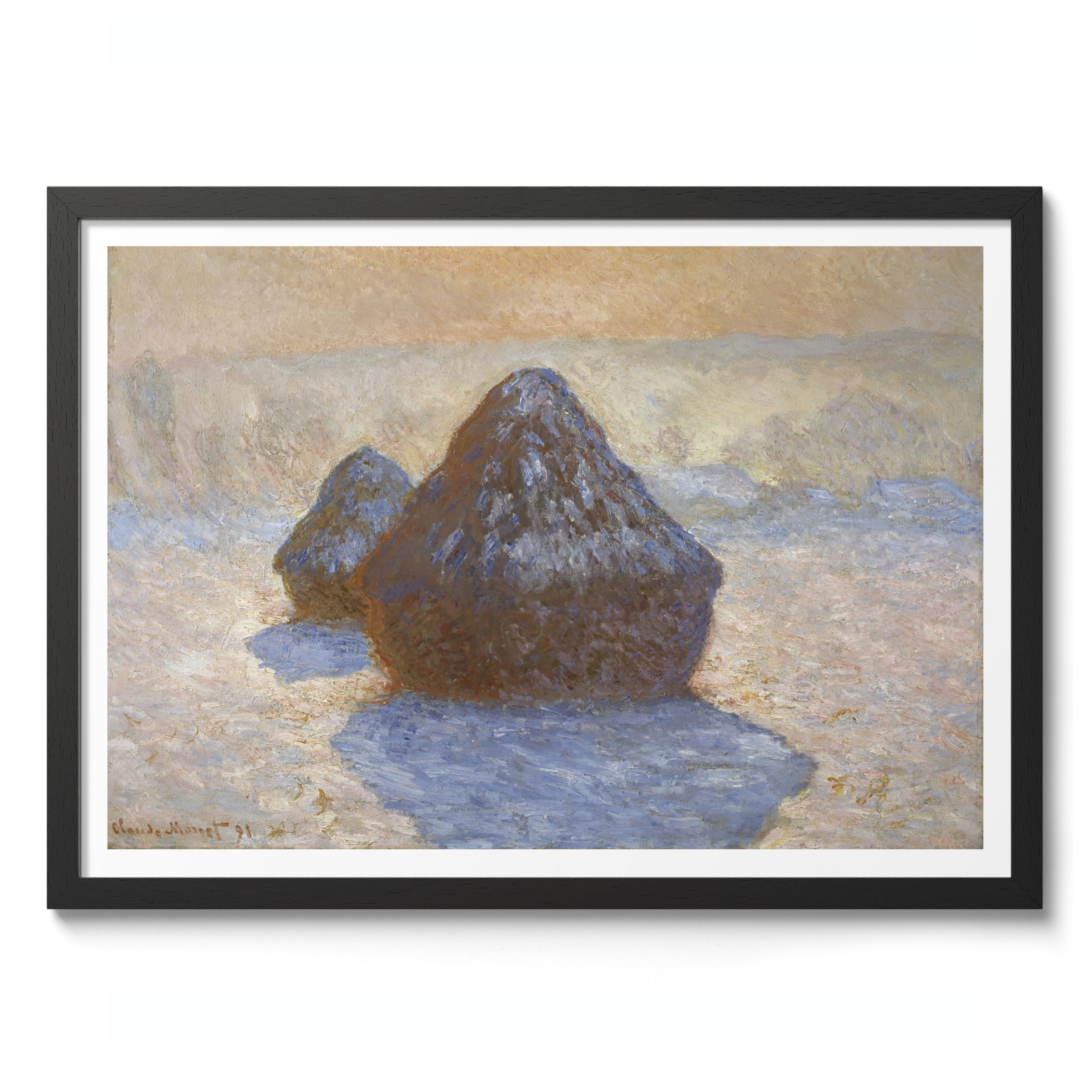 Haystacks, Snow Effect Claude Monet Art Print, Classic Art Painting Poster, Impressionism Art Exhibition Modern Wall Art, Minimalist Home Decor Picture Artwork, A4 (Black Frame) - 32.7x24.1cm — image 1