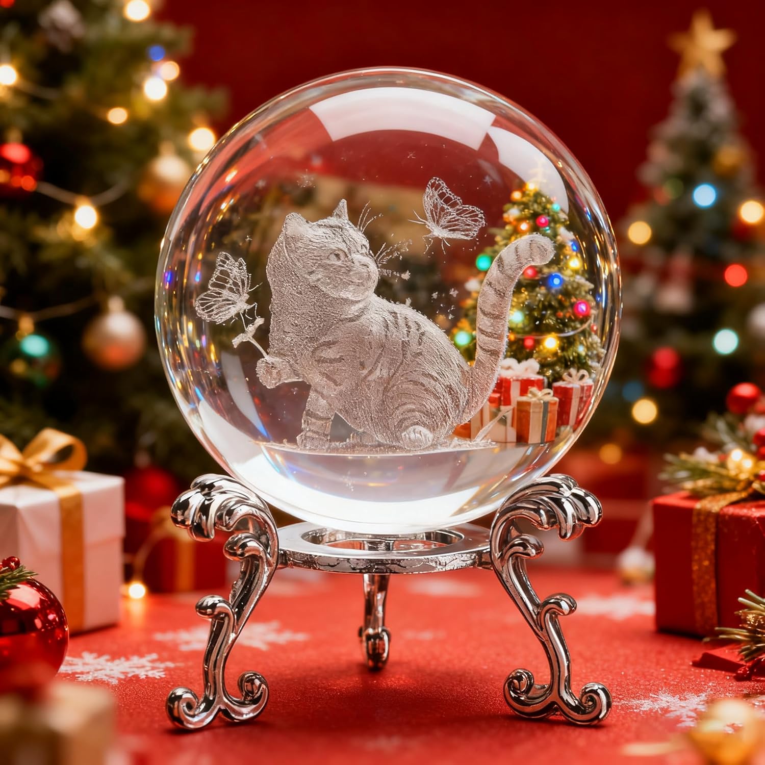 3D Cat Crystal Ball Decor for Home Glass Laser Engraved Cat with Butterflies Paperweight Ball with Stand - Image 3