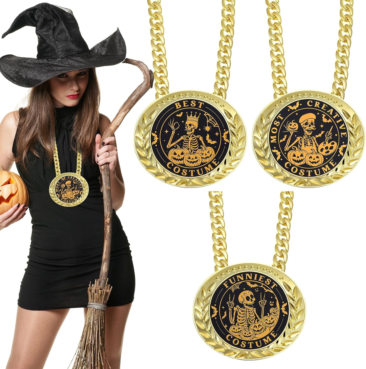 Liliaafar 3 Pcs Halloween Costume Chain Medals 6" Big Gold Skeleton Trophies Golden Skeleton Award Medals Pumpkin Awards Necklace for Halloween Best Costume Contest Prizes