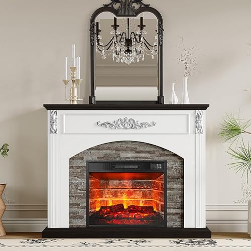 44Inch Electric Fireplace with Mantel, Fireplace Heater with Silver Carving, White Firebox with 23" Red Brick Firep lace Insert for Bedroom,Living Room