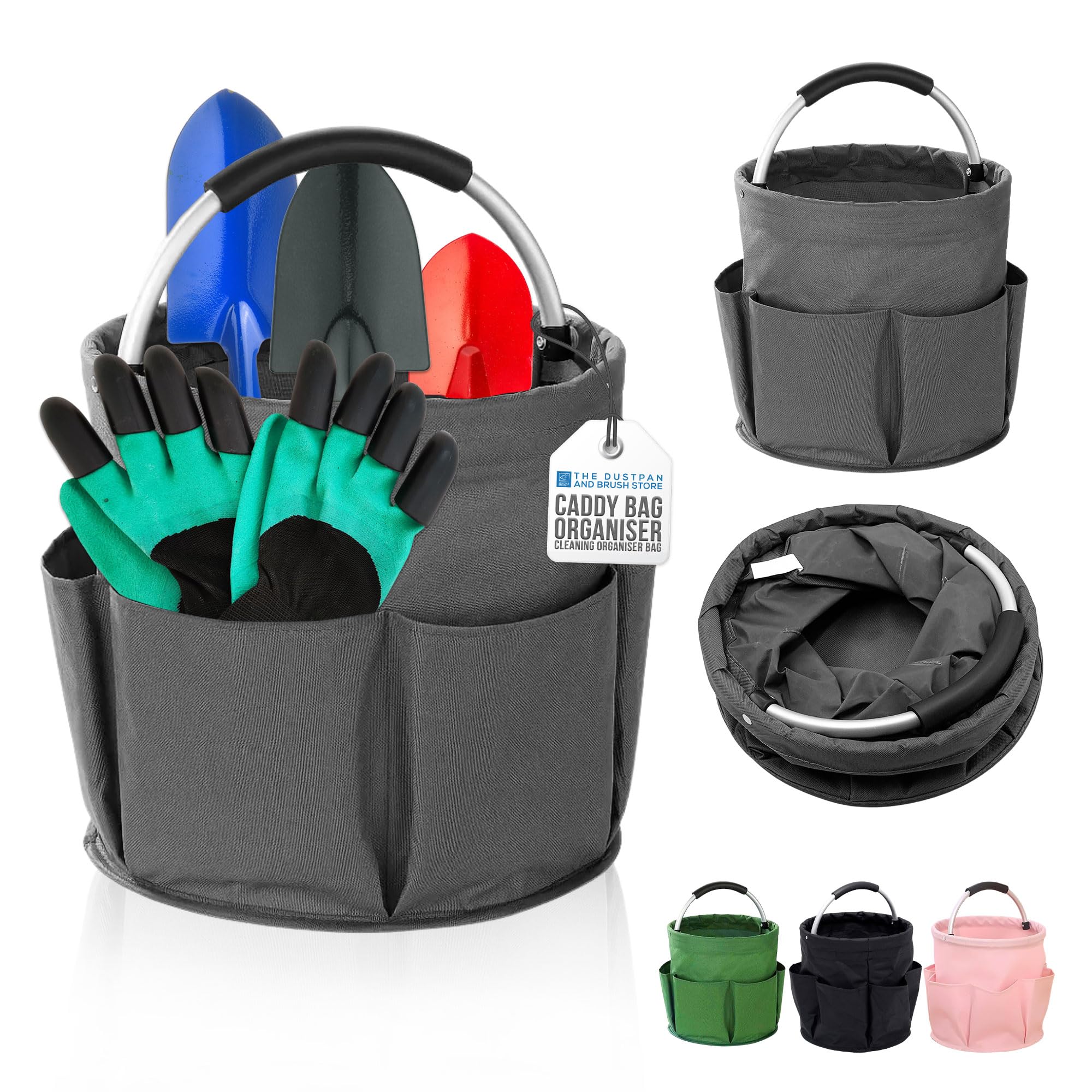 Cleaning Caddy with Handle - Tool Bag Organiser with 6 Side Pockets, 1 Large Pocket & Handle, Cleaning Bag with Foldable Design, Caddy Organiser for Home, Laundry & Car Organizer - Grey