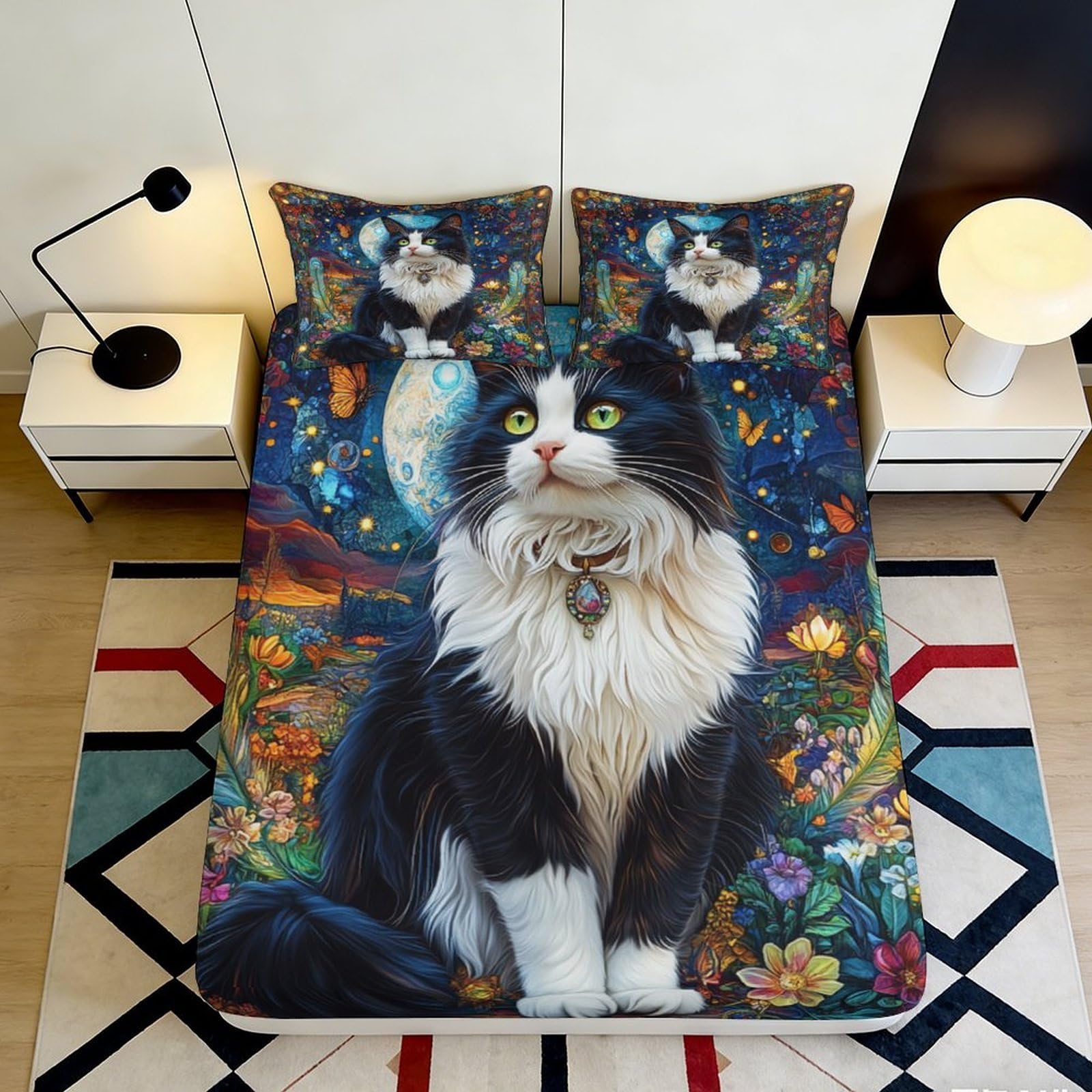 3D Printed Starry Cat Pattern Fitted Sheet Microfiber Deep Pocket Bedroom Bedding Full Wrap Cat Art Mattress Fitted Cover Non-Slip Washable Home Use 140x200x25cm