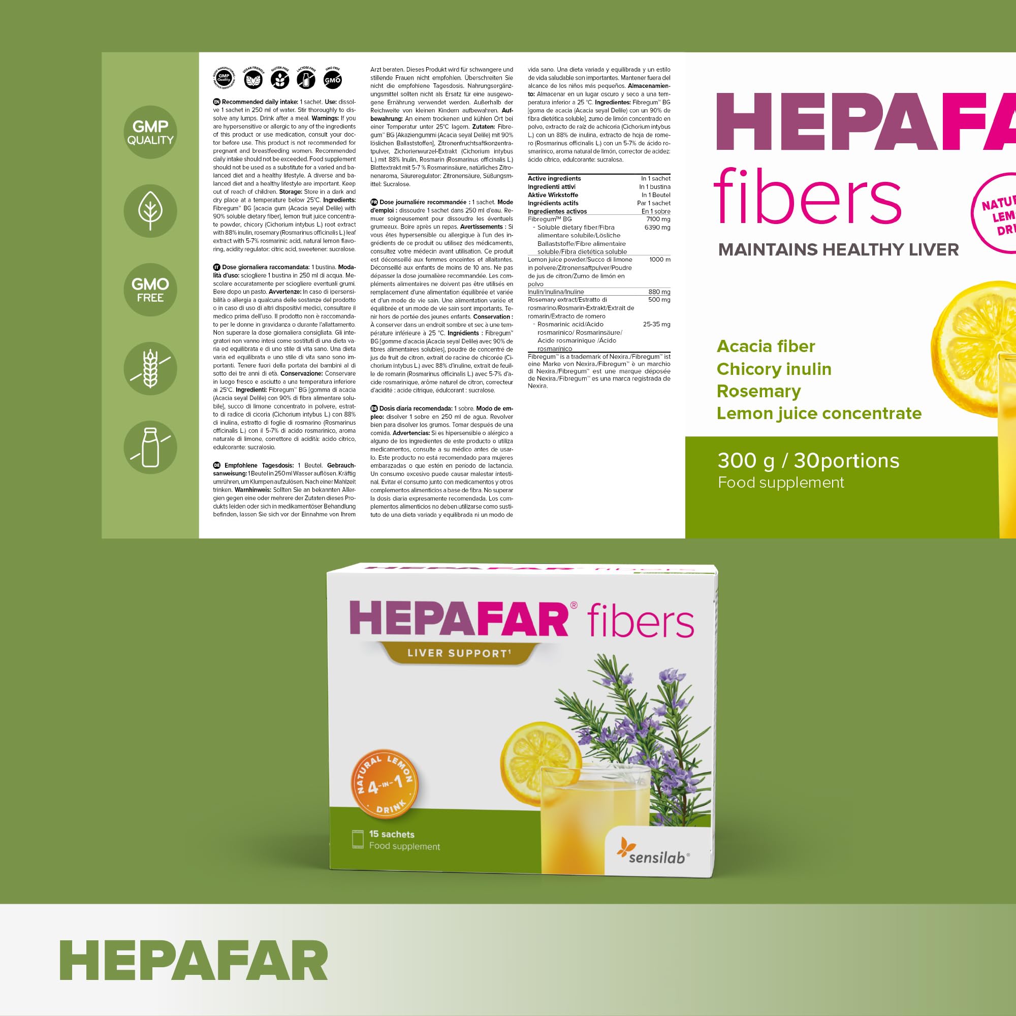 Sensilab Hepafar Fibers - Detox y Digestión - Zumo de Limón, Fibra Soluble, Achicoria, Romero - Bebida Refrescante Natural Alta en Fibra - Complejo Hepático - 30 Sobres para 30 Días