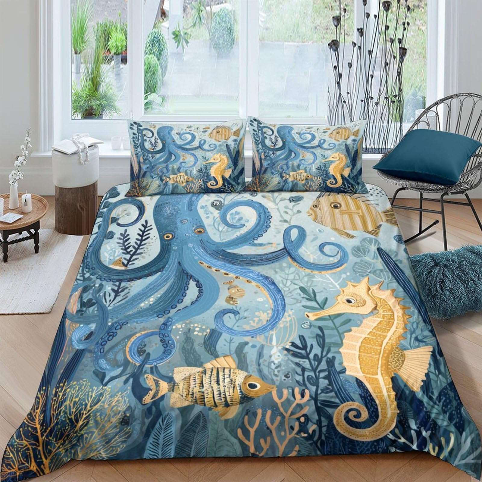 Ctjqhvkz Style-5 3D Printed Ocean Octopus Fitted Sheet Microfiber Soft Sea Horse Mattress Cover For Bedroom Guest Room Decor Single（135X200cm）