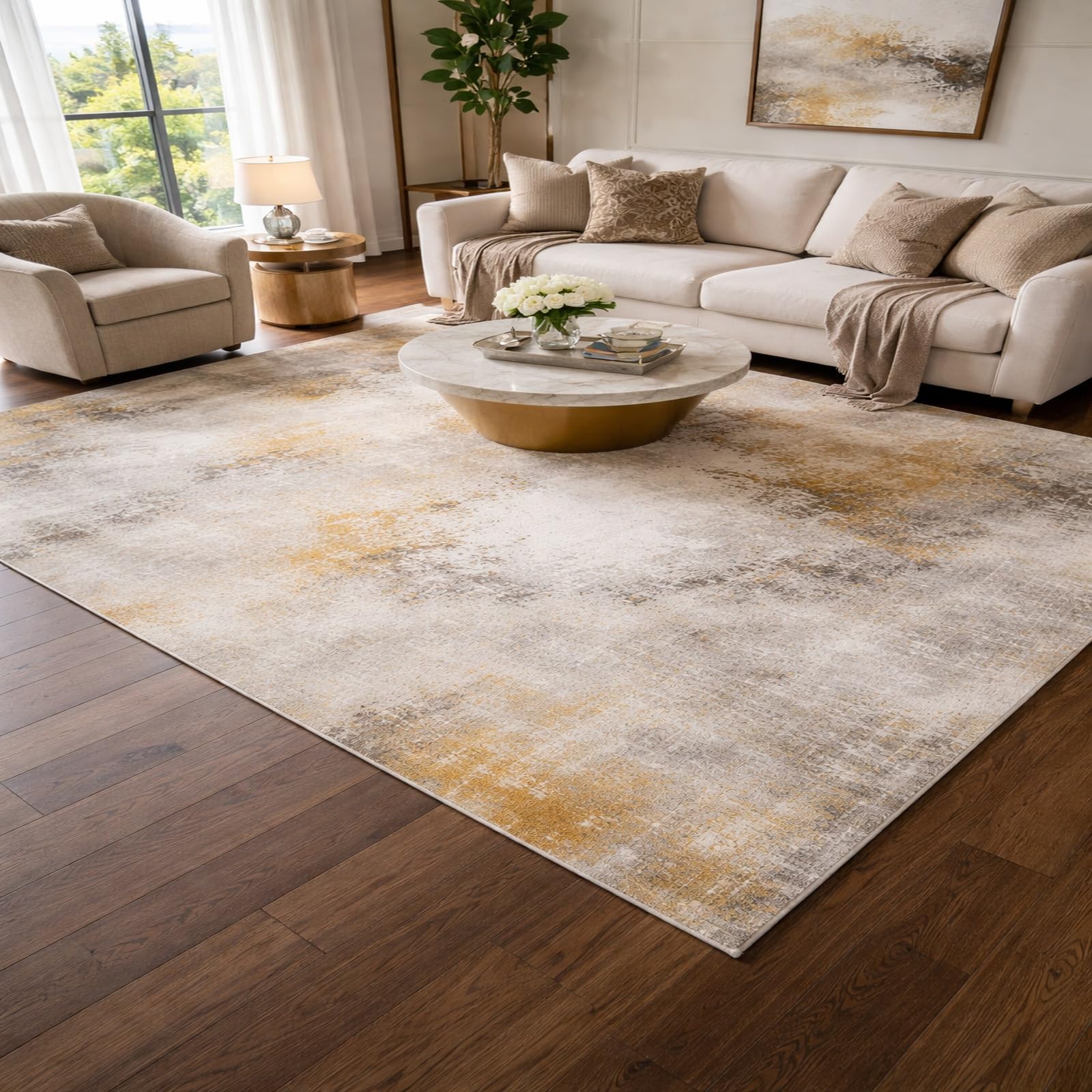 Grand tapis de salon 200 x 300 cm abstrait jaune et gris pour salle à manger
