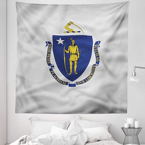 Lunarable American Tapestry Queen Size, Massachusetts Flagg Holds a Bow and Pointing Downward Arrow, Wall Hanging Bedspread Bed Cover Wall Decor,