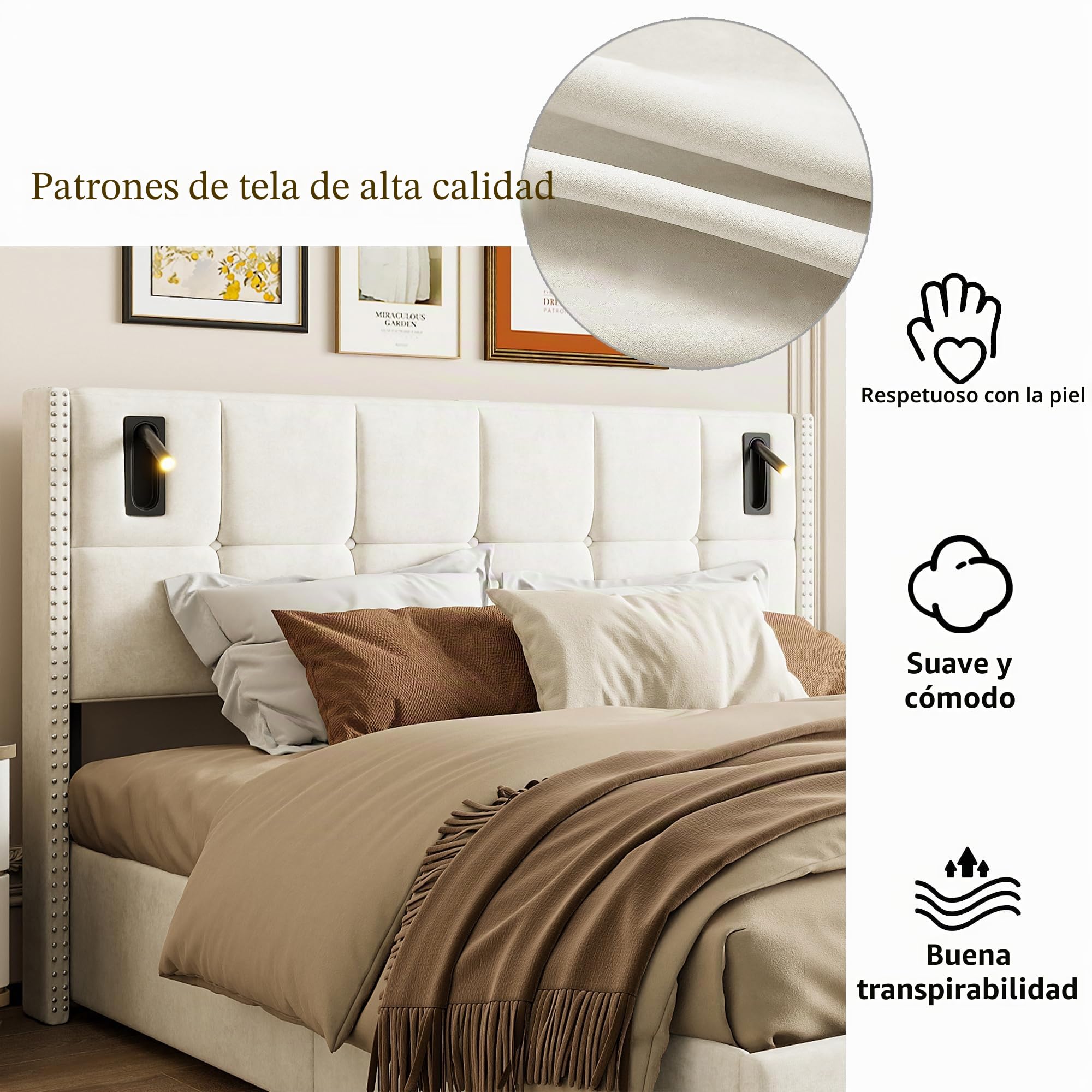 Cama Canapé Abatible 160x200 cm de Terciopelo Beige, Cama Tapizada de con Almacenaje Hidráulico, Cabecero con Luces LED de Lectura Regulables, Estructura de Madera y Somier de Láminas, Sin Colchón