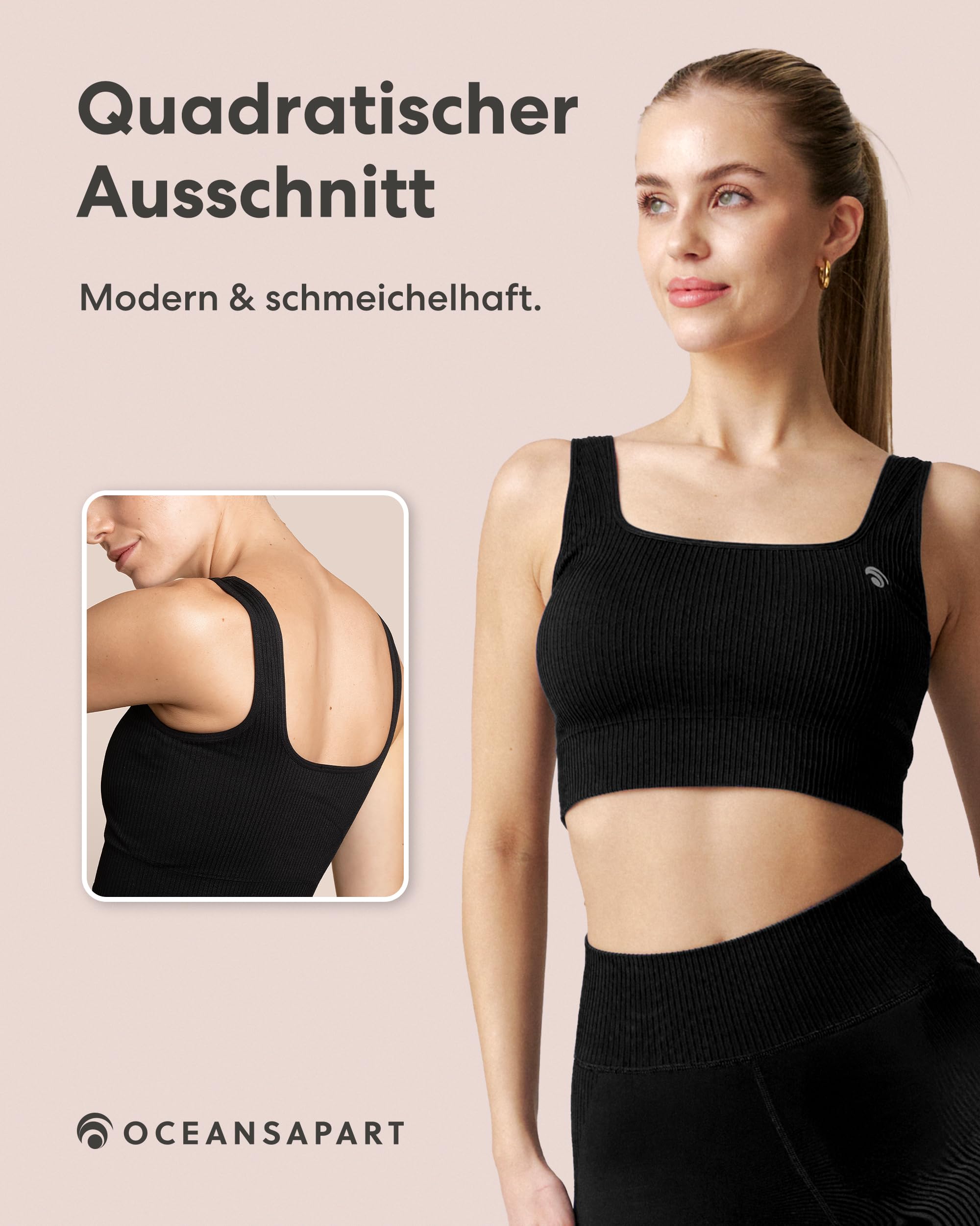 OCEANSAPART Sydney Bra - Sport BH Damen Bustier Nahtlos Bralette | Geripptes Design & Quadrat-Ausschnitt – Herausnehmbare Cups – Schnelltrocknend ohne Bügel für Yoga