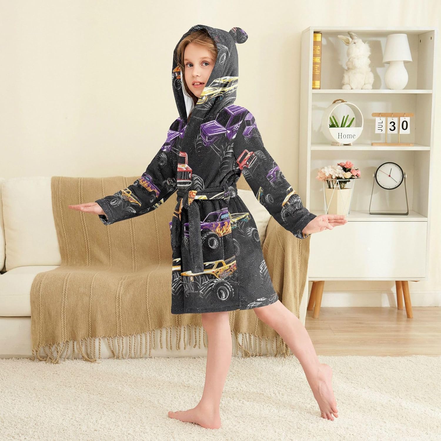 Monster Trucks Cars Bathrobe Hooded PJ Robe Soft Fleece Robe Pajama Sleepwears 2-12 Years