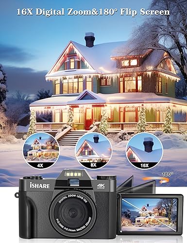 Vista 5 de Cámara digital 4K para fotografía, cámara de vlogging de 56MP para YouTube con WiFi, pantalla abatible de 180 grados de 3 pulgadas, zoom digital