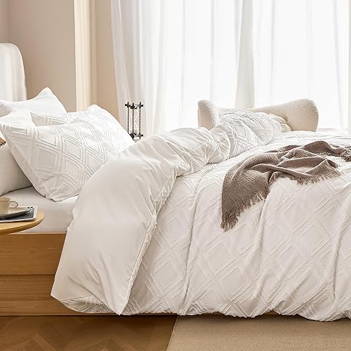 Miniatura 2 de JELLYMONI Juego de funda de edredón de 3 piezas, tamaño King, color blanco, juego de funda de edredón bohemia a cuadros, microfibra copetuda, tejido