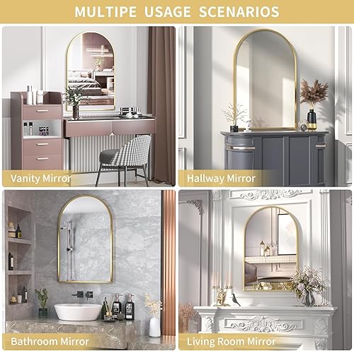 Miniatura 6 de Faxamol Espejo de pared arqueado, espejo arqueado dorado de 24 x 36 pulgadas para pared, marco de aleación de aluminio, espejo de tocador montado en