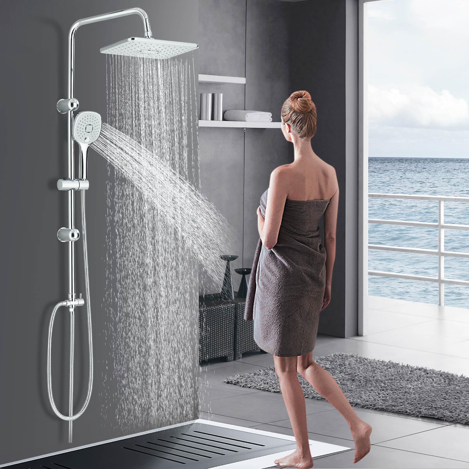 Colonne de Douche sans Mitigeur Chromé Acier Inoxydable Ensemble de Douche avec Carrée Douchette und Pommeau de Douche 29x19cm Salle de Bain
