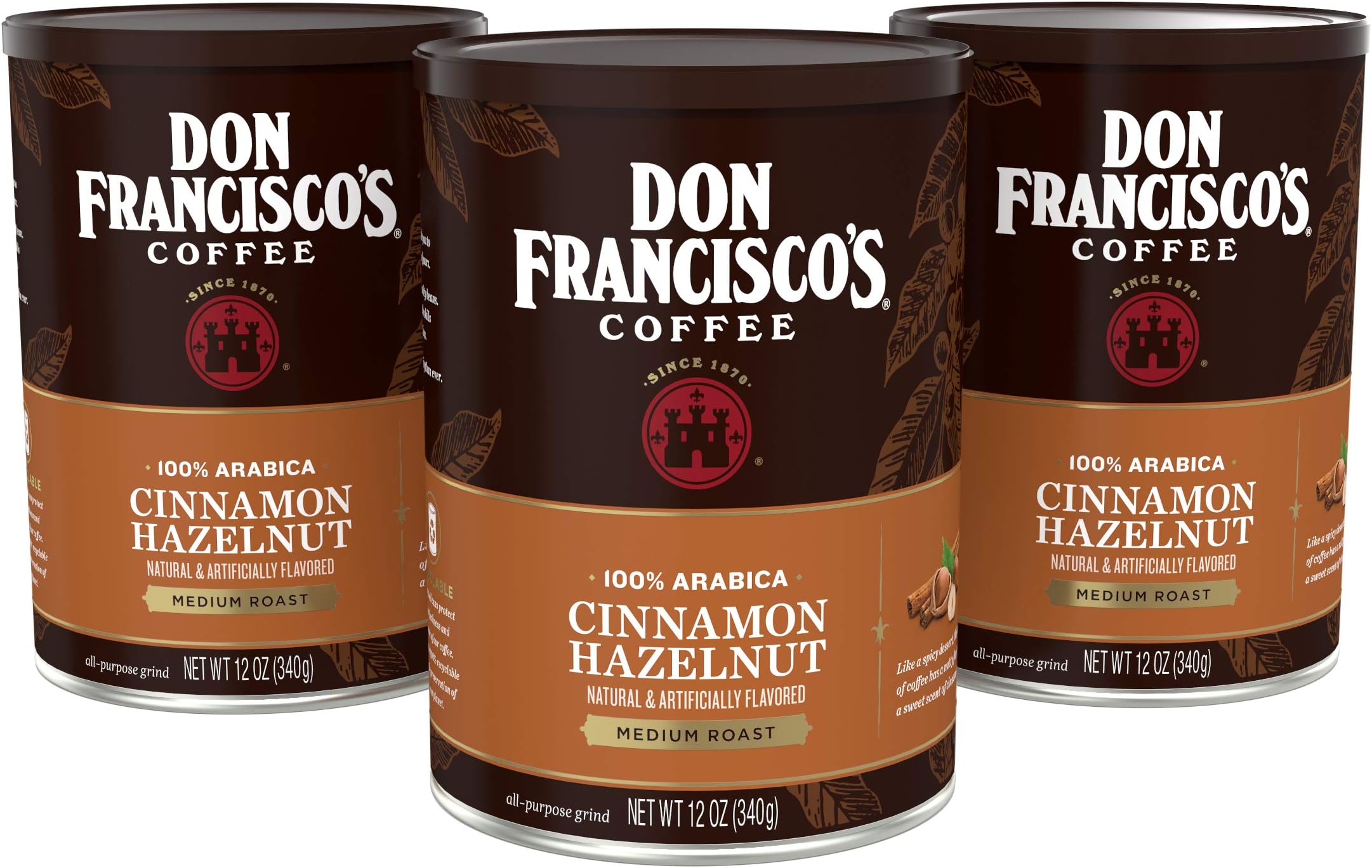 Don Francisco's Cinnamon Hazelnut Ground Flavored Coffee: Rich, Aromatic 100% Arabica Blend - Medium Roast for a Delightful Morning Brew (3 x 12 oz Cans)