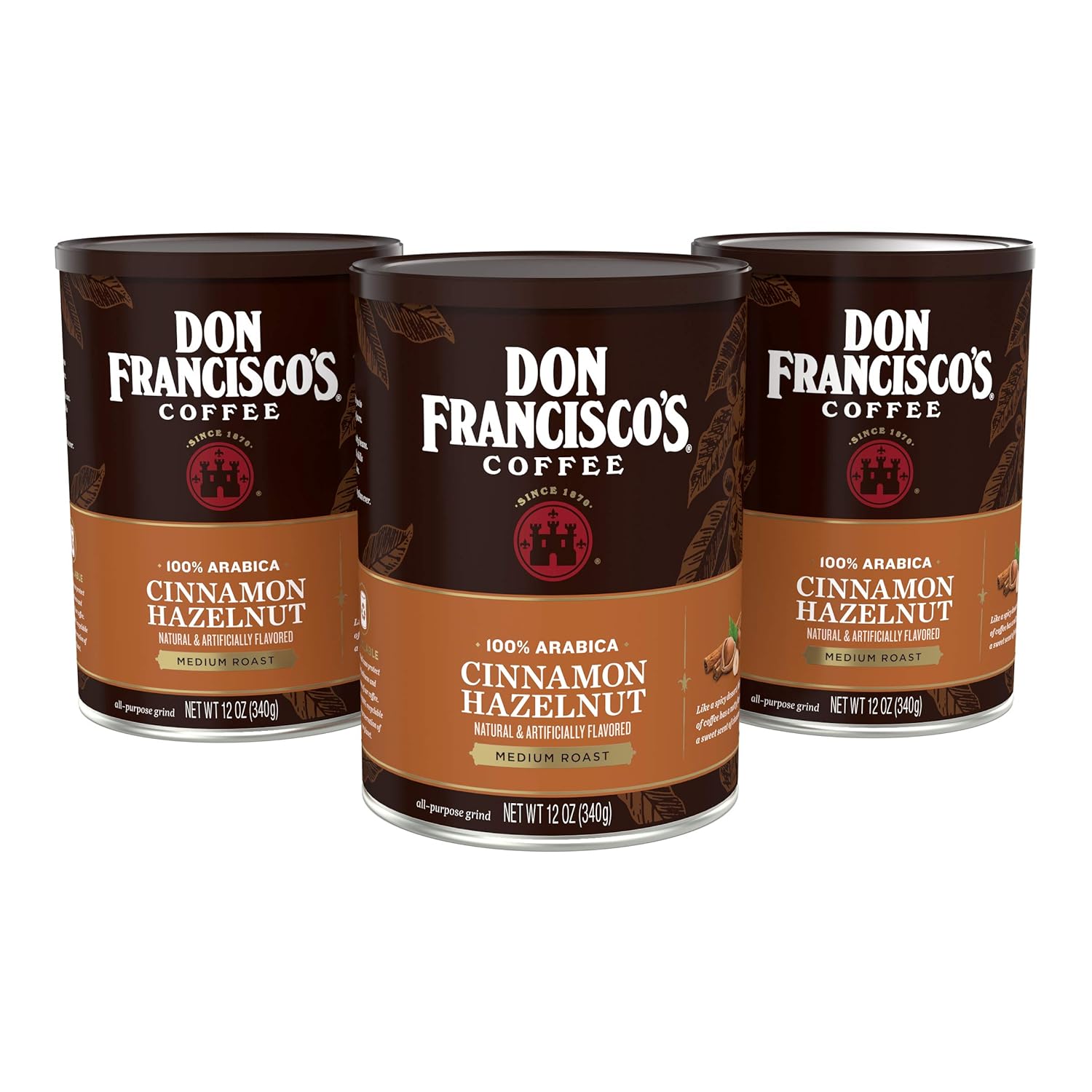 Don Francisco's Cinnamon Hazelnut Ground Flavored Coffee: Rich,Aromatic 100% Arabica Blend - Medium Roast for a Delightful Morning Brew (12 oz Cans),(Pack of 6)