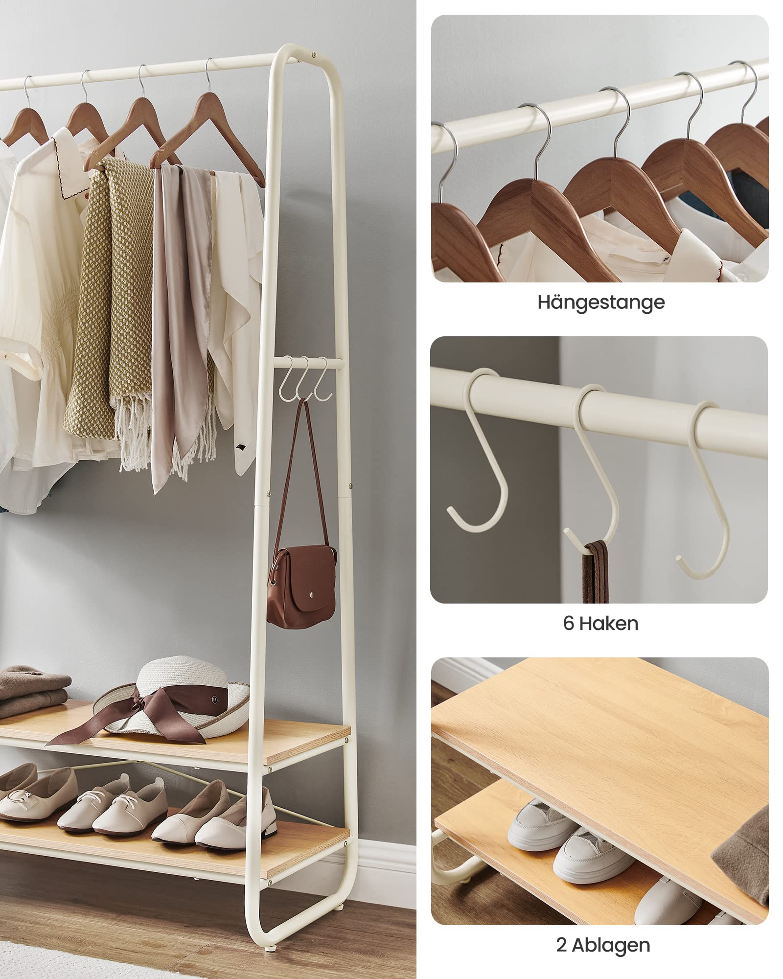 VASAGLE Kleiderständer, Garderobenständer, Garderobe, 2 Ablagen, 6 Haken in S-Form, Stahlgestell, 45 x 100 x 160 cm, für Schlafzimmer, Flur, Eingangsbereich, eichenfarben-cremeweiß RGR112W09