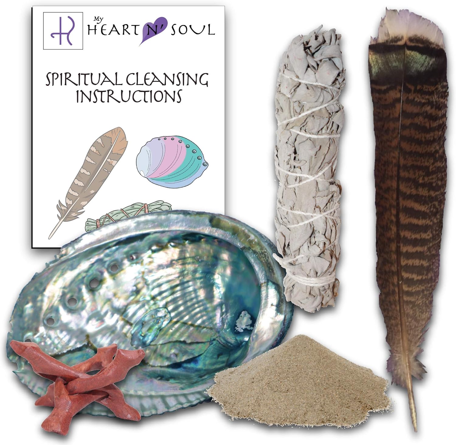 Deluxe Smudge Kit with Sage, Handmade Feather, Sand, Abalone Shell, Stand - Energy Cleansing Clearing Spiritual Practice House Smudging - Detailed Instructions for Beginners… (Brown Turkey Feather)