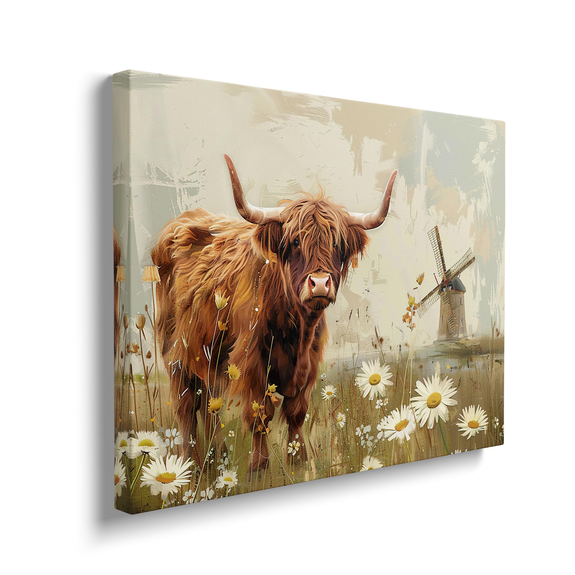 LMYSXAOZ Highland Cow Canvas Wall Art Farmhouse Windmill Painting Country Picture Framed for Bathroom Bedroom Living Room Modern Rustic Daisy Home Office Vintage Decor 16"x20"