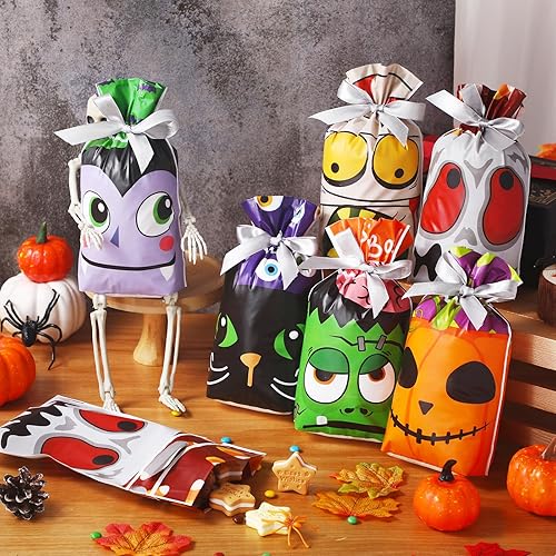 Miniatura 4 de Funrous 48 bolsas de regalo de Halloween con cordón para Halloween, bolsas de plástico para dulces, bolsas de regalo para fiesta de dulce o truco,
