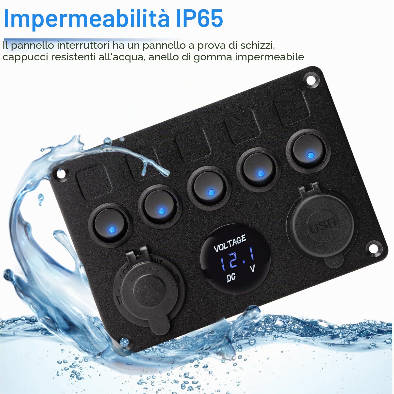 Geloo Pannello Interruttori 5 Gang 12V/24V Impermeabile Doppia Presa USB Voltmetro Digitale Interruttore Bilanciere per Auto Barca Camper e Camion