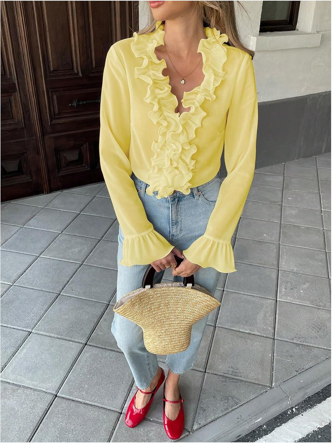 Floerns Women's Elegant V Neck Blouses Ruffle Trim Bell Sleeve Dressy Casual Shirts - Image 2