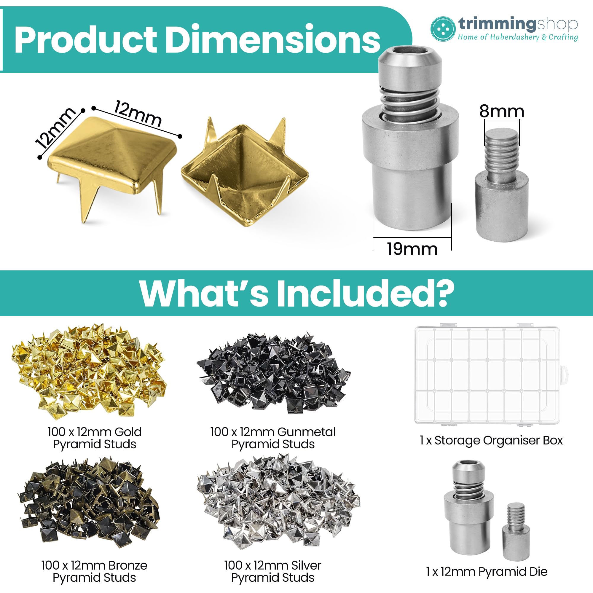 Trimming Shop Juego de tacos y troqueles de pirámide de metal de 12 mm, kit de 400 piezas para chaquetas, bolsos, ropa, manualidades, para prensa de máquina verde con caja de almacenamiento