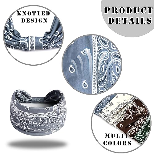 Miniatura 6 de FULZTEY Diademas bohemias para mujer, bandas anchas de moda anudadas, antideslizantes, bandana elástica para yoga, entrenamiento, banda para el