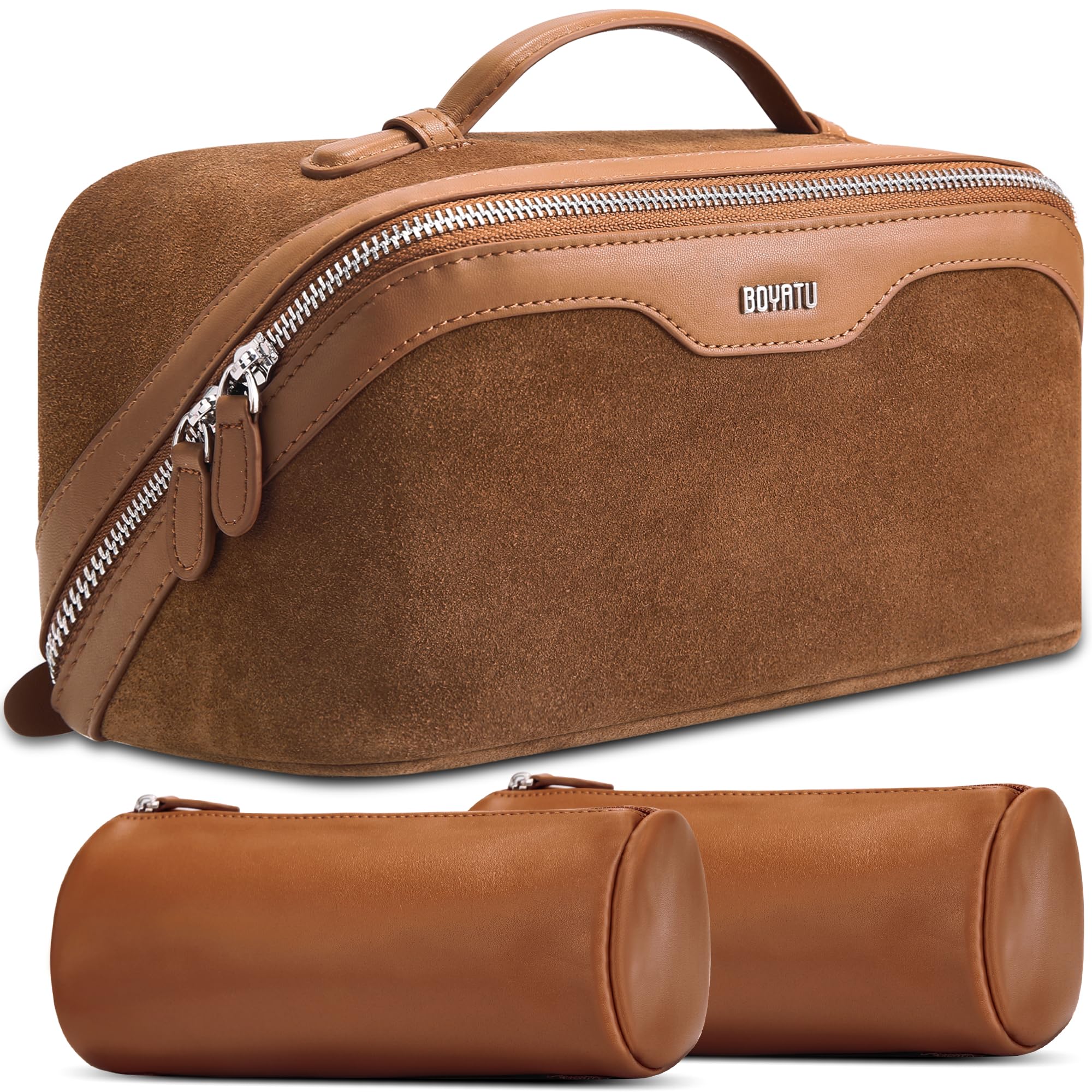 BOYATU Genuine Leather Travel Makeup Bag Set, 3-Piece Cosmetic Organizer