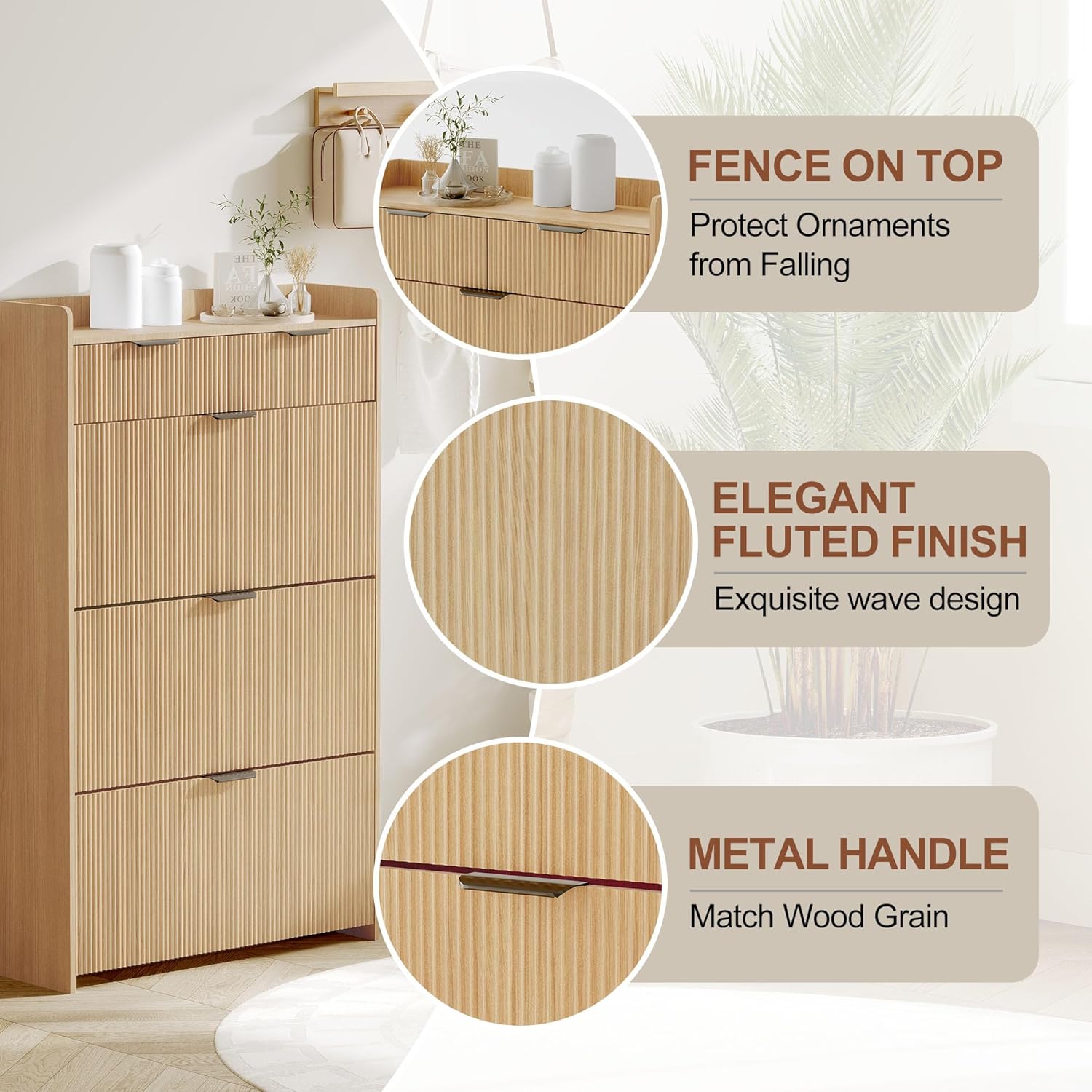 IDEALHOUSE Modern Shoe Cabinet with 3 Flip Drawers & 2 Small Drawers & Hook, Slim Fluted Shoe Storage Organizer, Narrow Entryway Cabinet for Apartment, (Wood Color, 3 Flip Drawers)