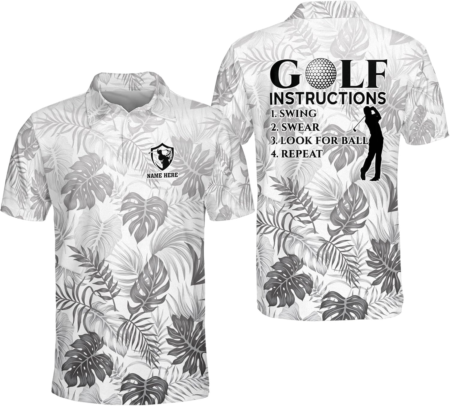 LASFOUR Personalized 3D Funny Golf Polo Shirts for Men, Men's Golf Shirts Short Sleeve Polo Dry Fit, America Golf Polos, Floral Swing Swear Look for Ball Repeat (Style01)