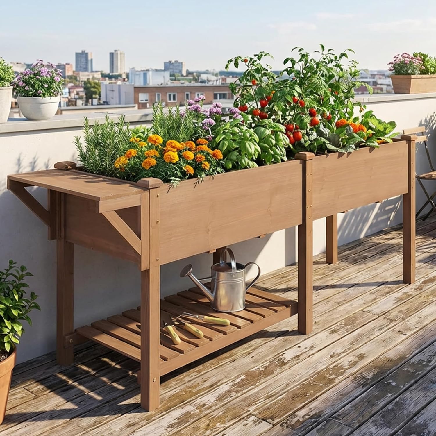 30"H Raised Garden Bed with 2 Zone, Ergonomic Elevated Wood Planter Box with Shelves and Root Drainage, Upgraded Metal W-Shaped Sturdy, Ideal for Vegetable Herb Flower, Backyard Balcony Patio