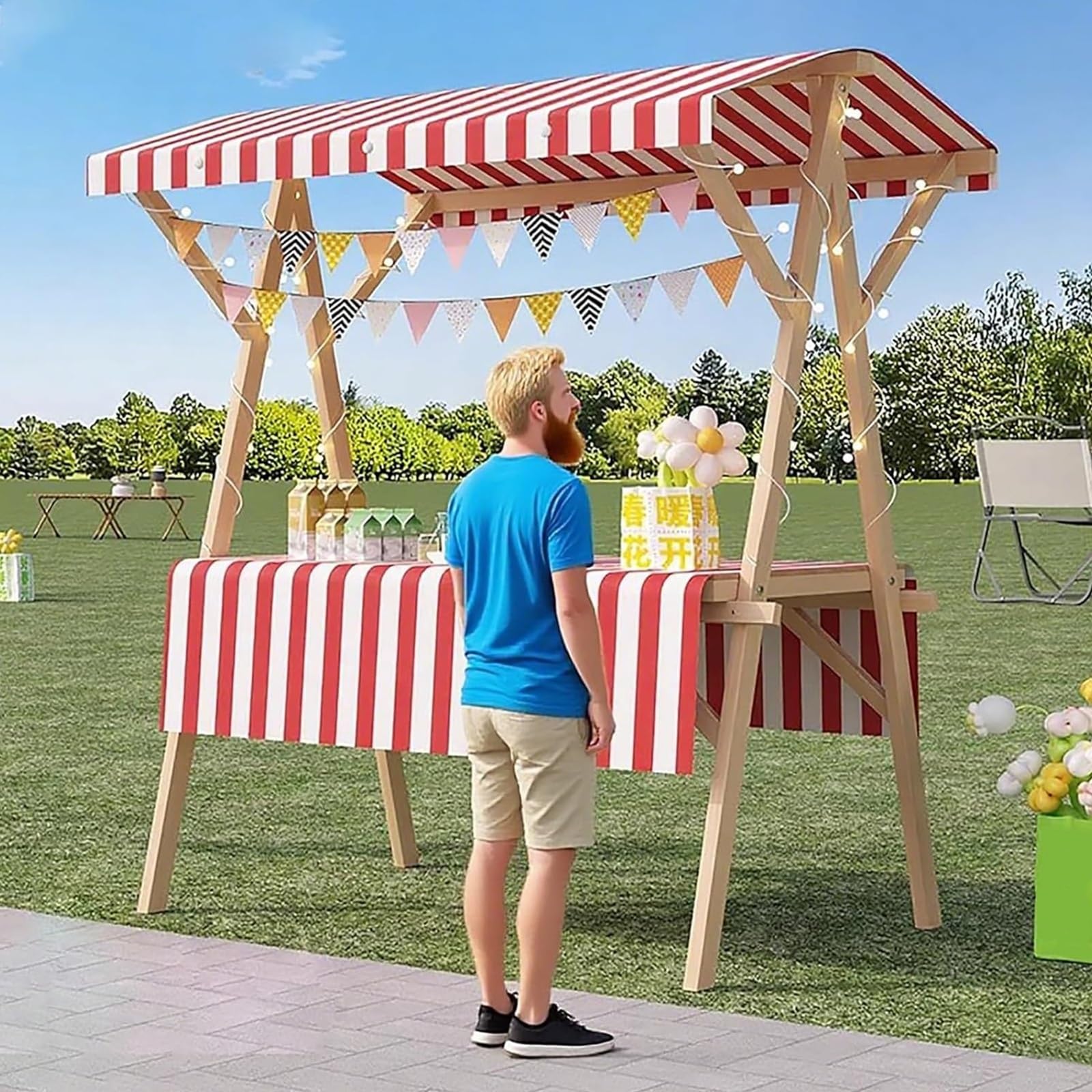 HARELA Genérico Puesto de Mercado con Toldo, Carrito de Comida callejera de Madera, Puestos Plegables for ferias de artesanías, mercados callejeros y ferias de artesanía(Red,150cm/59in)