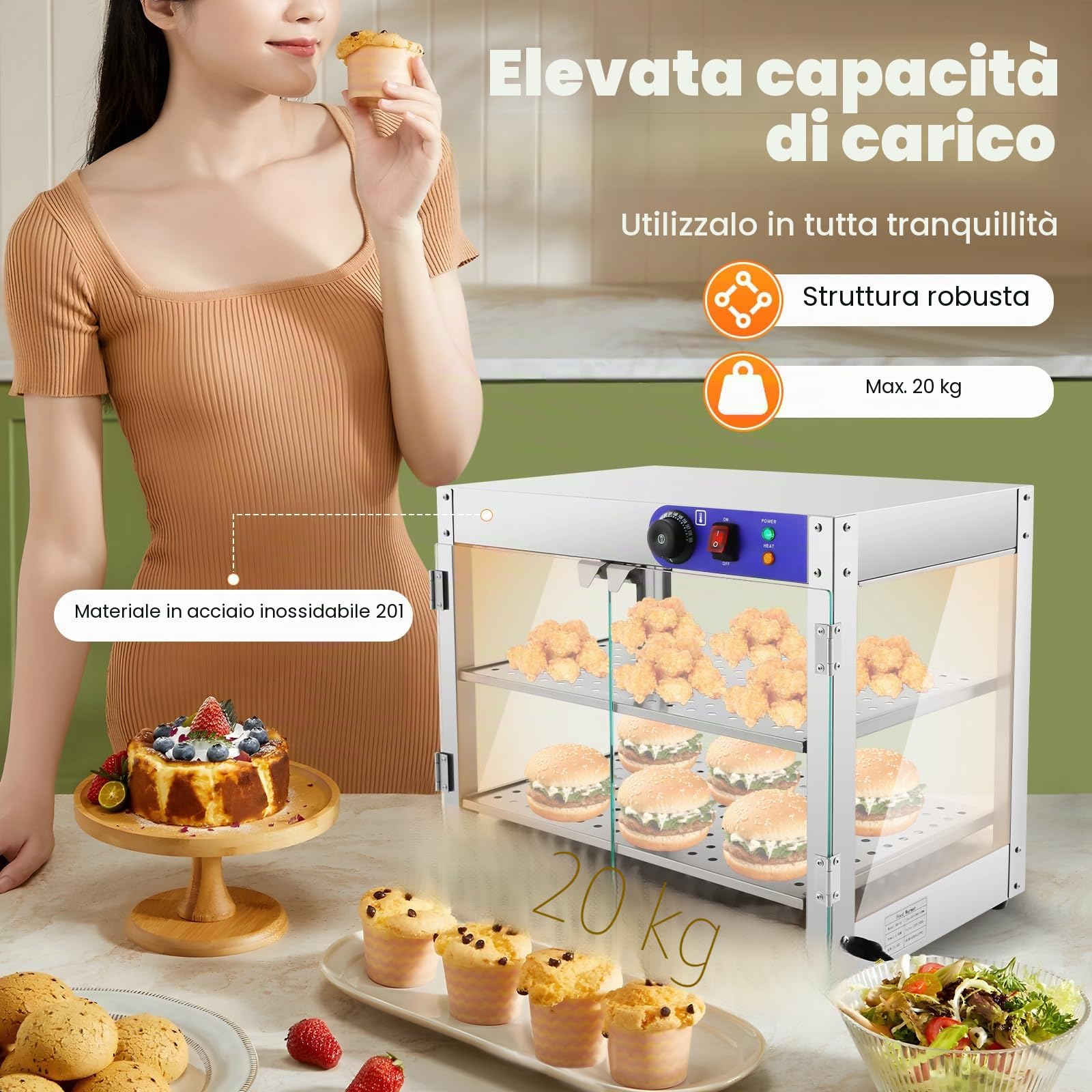 Vetrina per alimenti a doppio strato, con illuminazione a LED, capacità per ristoranti, panifici e caffetterie, 800 W