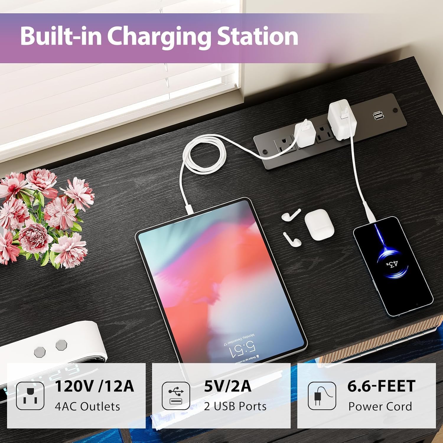 TrailBlaze Wide Dresser for Bedroom with Charging Station, 6 Drawer Modern Large Capacity Storage Cabinet Chests of Drawers & Wood Dressers Closet with Led Lights Black