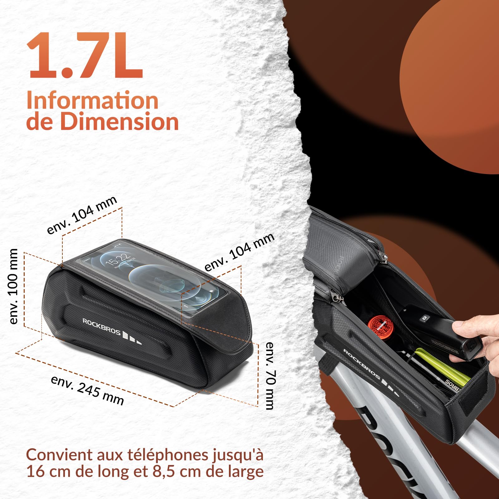 ROCKBROS Sacoche Cadre Vélo Téléphone 6,7" Étanche 1,7L Noir | Pochette Smartphone Vélo avec Écran Tactile, Sacoche VTT Double Zip Portable pour iPhone Android, Route et Cyclisme