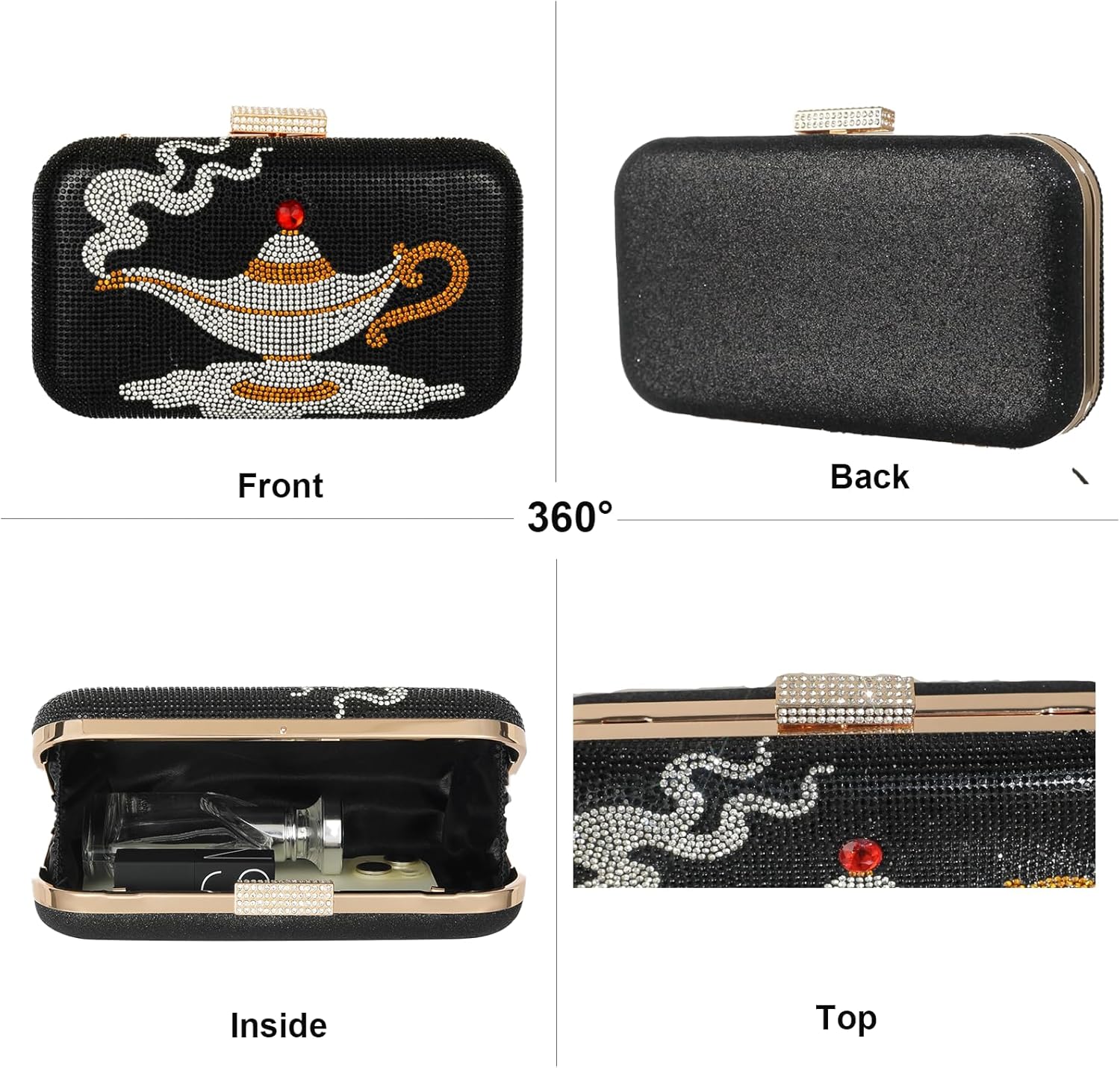 Rhinestone Evening Purse for Women, Aladdin Magic Lamp Clutch Handbag, Novelty Purse Crossbody Bag with Detachable Chain, Elegant Party Handbag for Prom Wedding Dinner Accessories | Aladdin Lamp