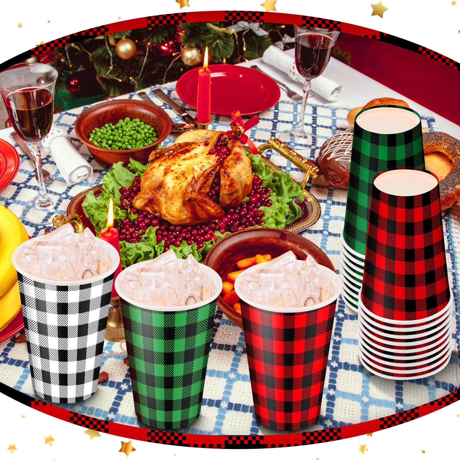 Maxcheck 300 tazas desechables de Navidad de 12 onzas, color verde, rojo, blanco, a cuadros, tazas de café de papel para bebidas frías calientes, chocolate, té, cacao, decoraciones de mesa de Navidad