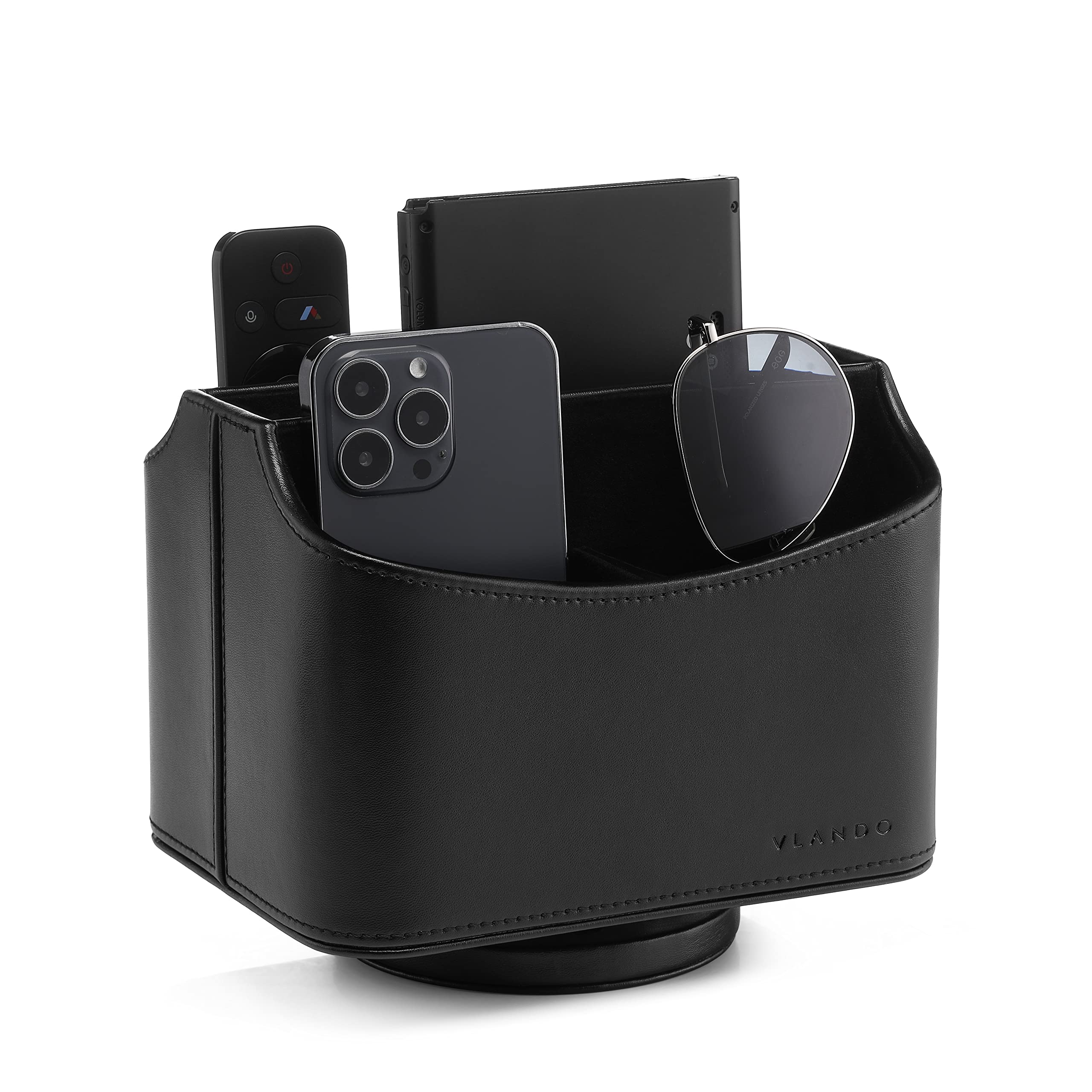 Vlando Remote Control Holder 360 Degrees Rotatable - PU Leather Desk Supply Organizer - 5 Compartments Desktop Storage Caddy Fits for Media Player, Bedside TV Caddy, E-reader, Phone，Pencil (Black)