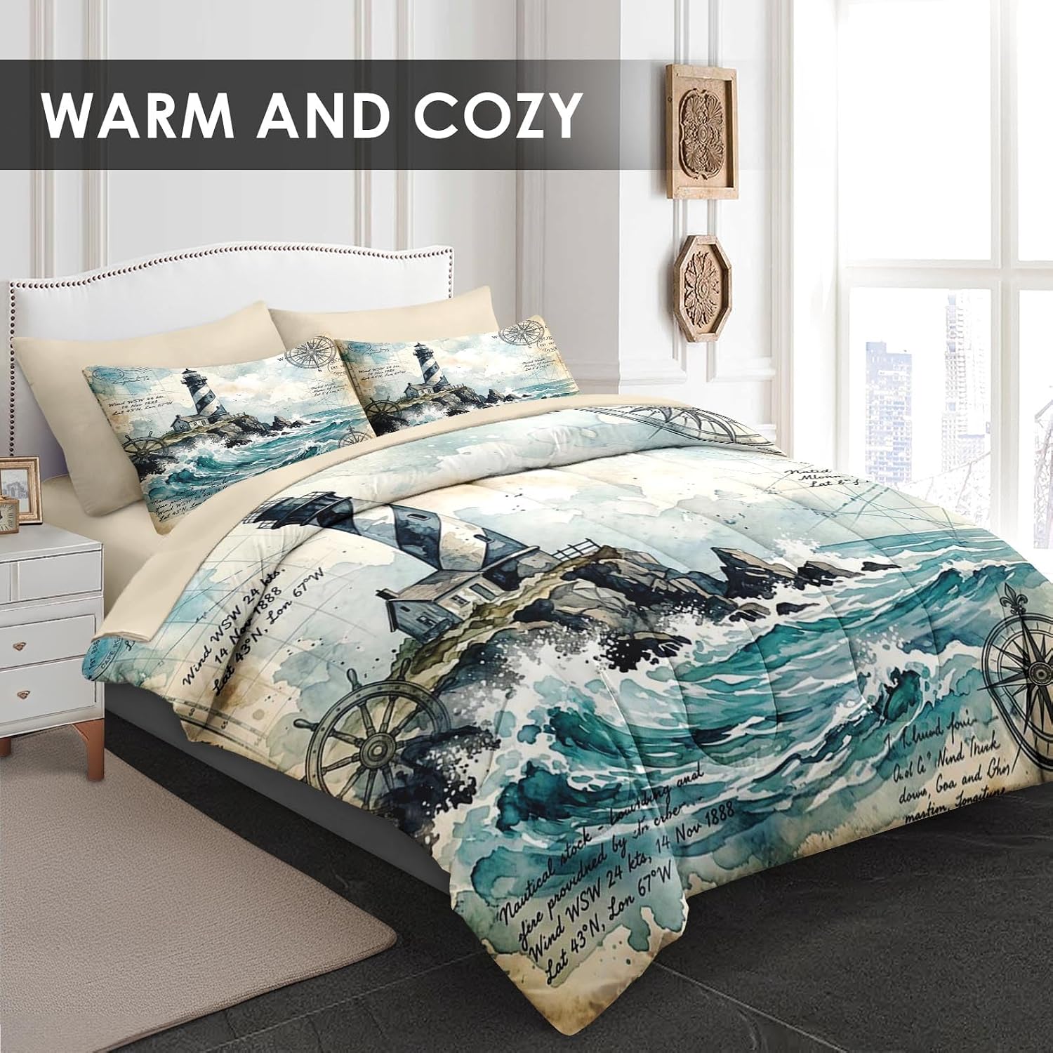 WeCozy 7 Pcs King Size Comforter Set with 2 Pillowcases & 2 Shams, Nautical Lighthouse Vintage Beach Bedding Set for Kids and Adults, Ocean Coastal Bed in a Bag with Flat Sheet and Fitted Sheet