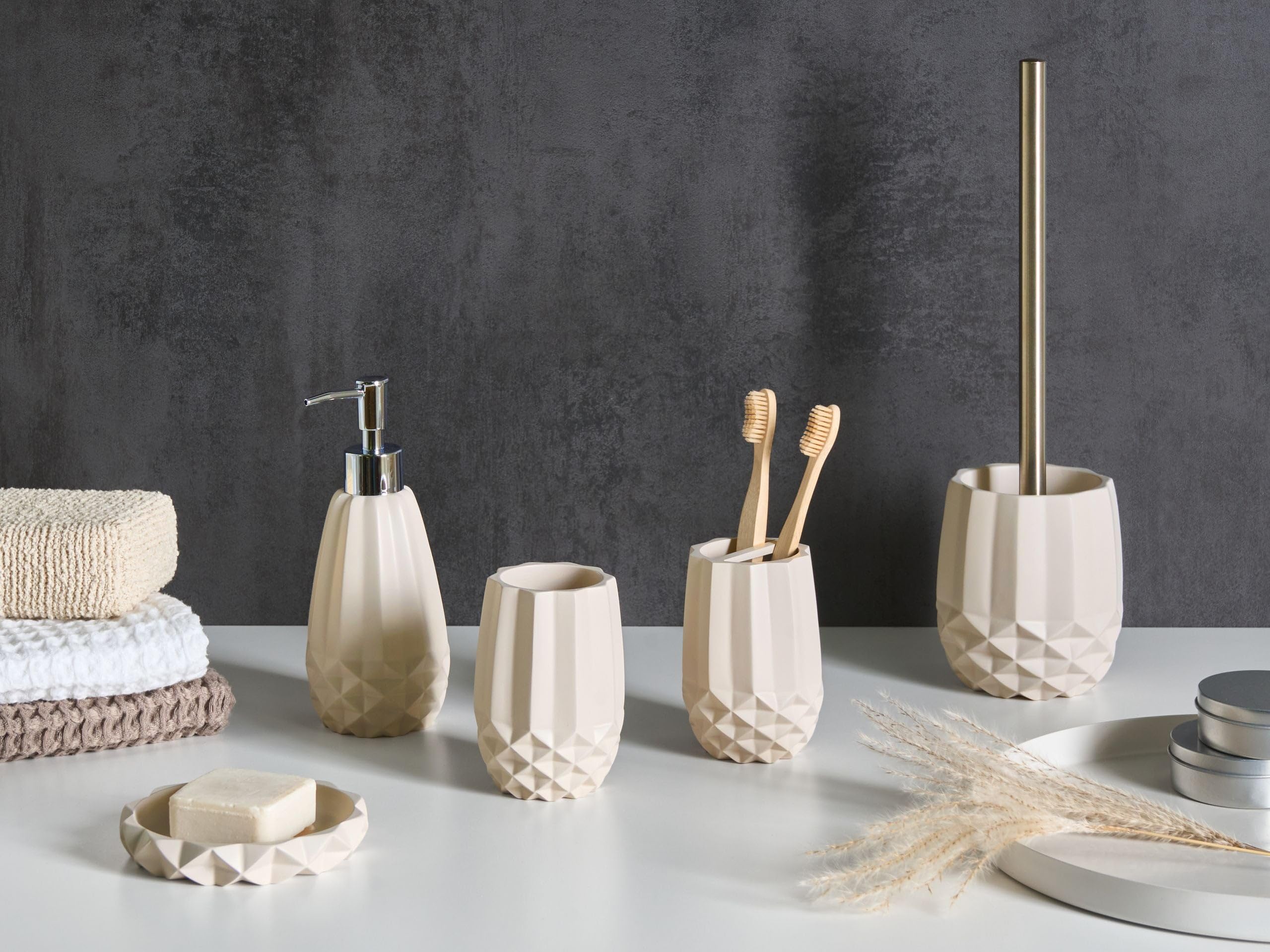 Conjunto de 5 Accesorios de baño jabonera dispensador de jabón escobilla de Inodoro Vaso Soporte para cepillos de Dientes Beige Samiria