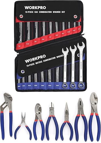WORKPRO Juego de alicates de 7 piezas + juego de llaves combinadas WORKPRO de 20 piezas, SAE y métricas