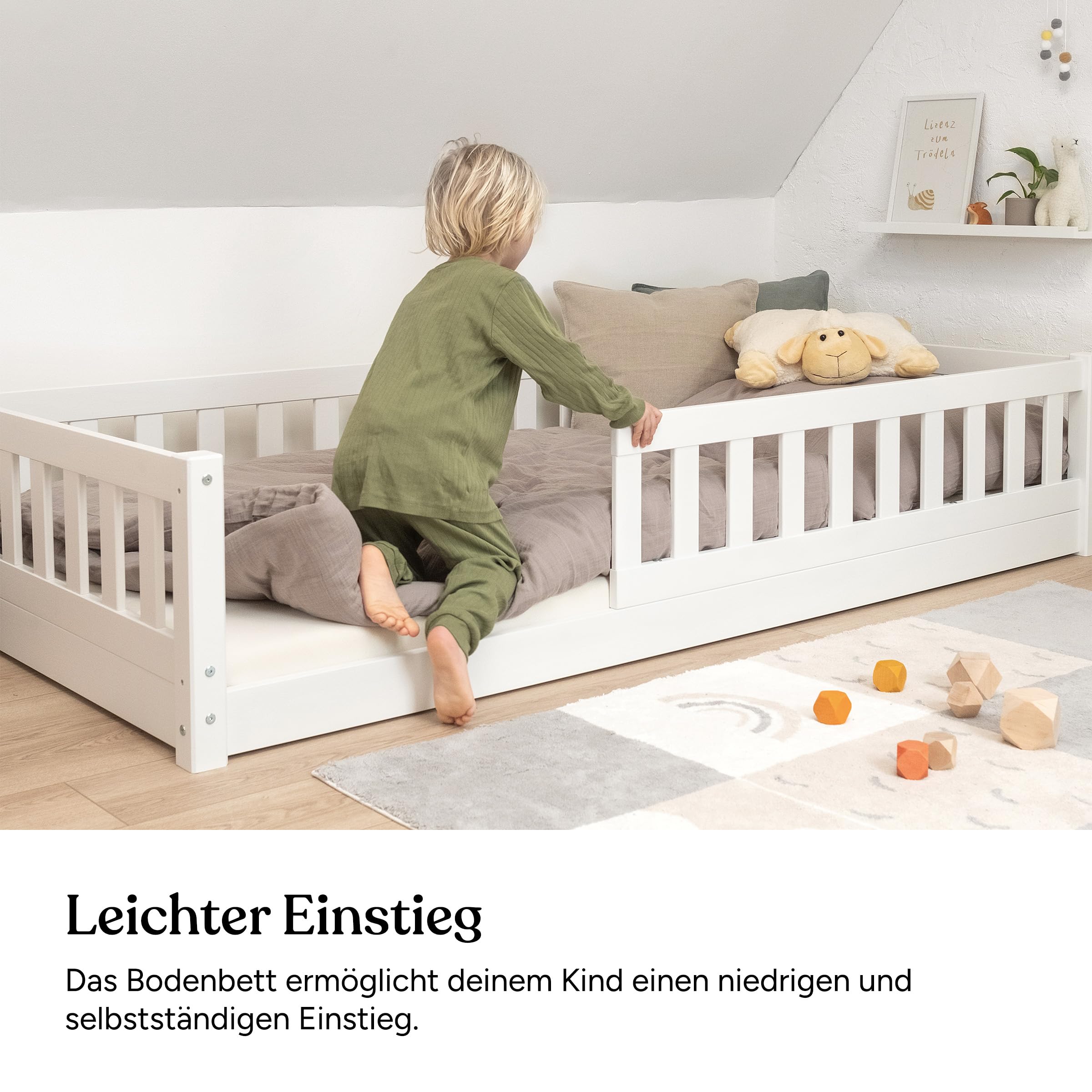 Ehrenkind® Bodenbett Lille | Kinderbett mit abnehmbaren Rausfallschutz aus Massivholz FSC® zertifziert inkl.hochwertigem Lattenrost | Bodenbett 90x200 | Kinderbett 90x200 Weiß